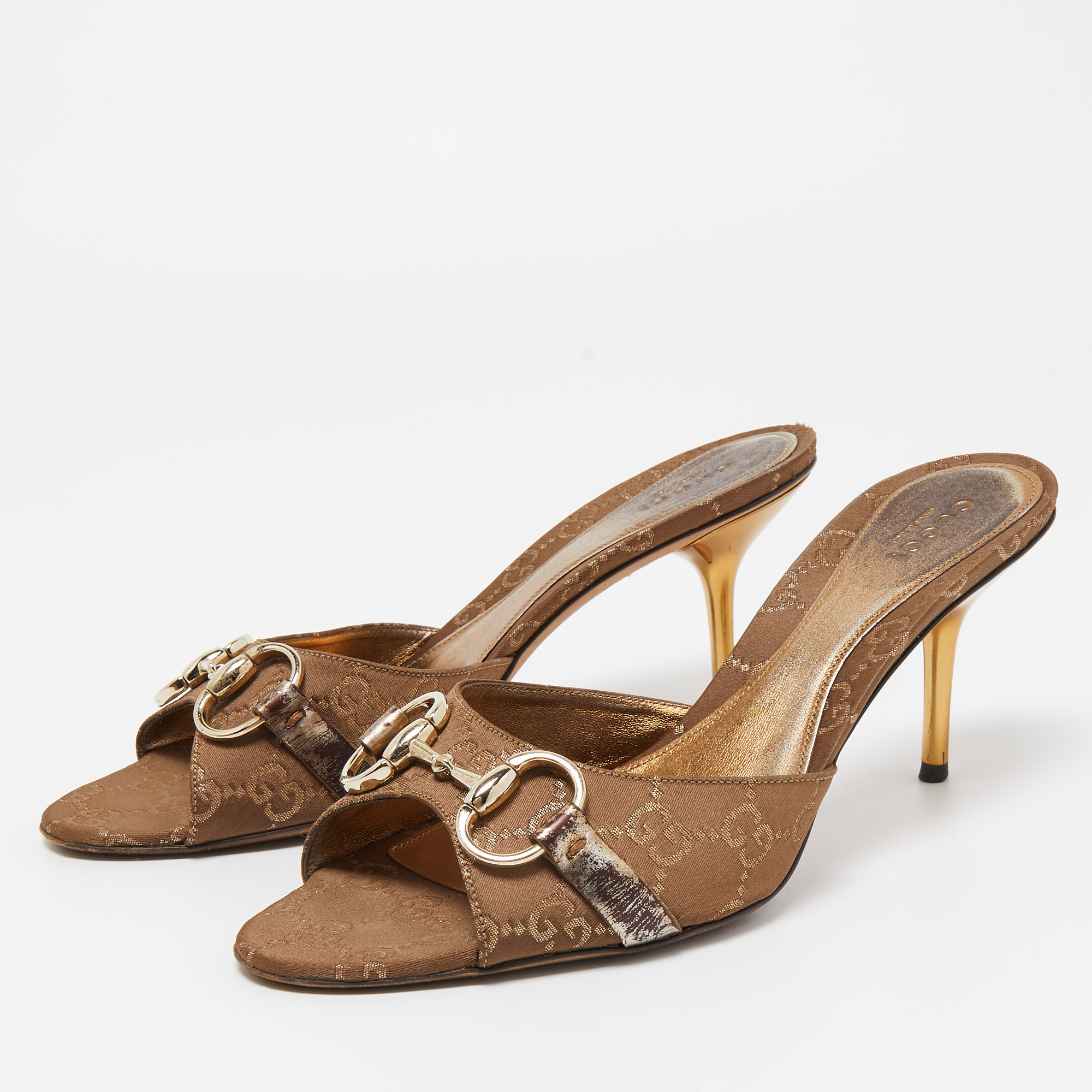 

Gucci Brown GG Fabric Horsebit Open Toe Slide Sandals Size