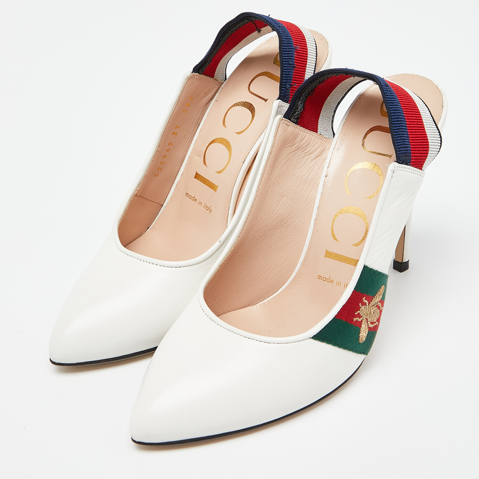 

Gucci White Leather Sylvie Web Bee Slingback Pumps Size