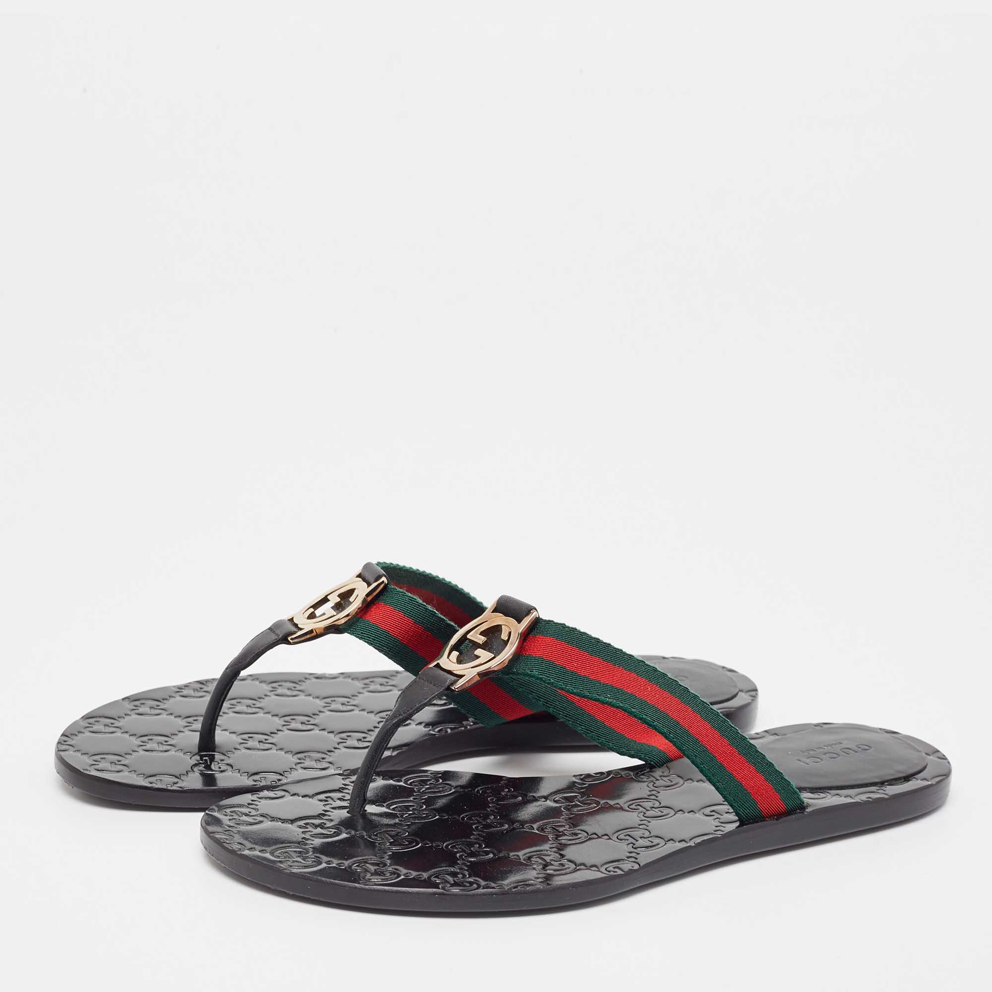 

Gucci Tricolor Leather and Canvas Web Interlocking G Thong Flats Size, Black
