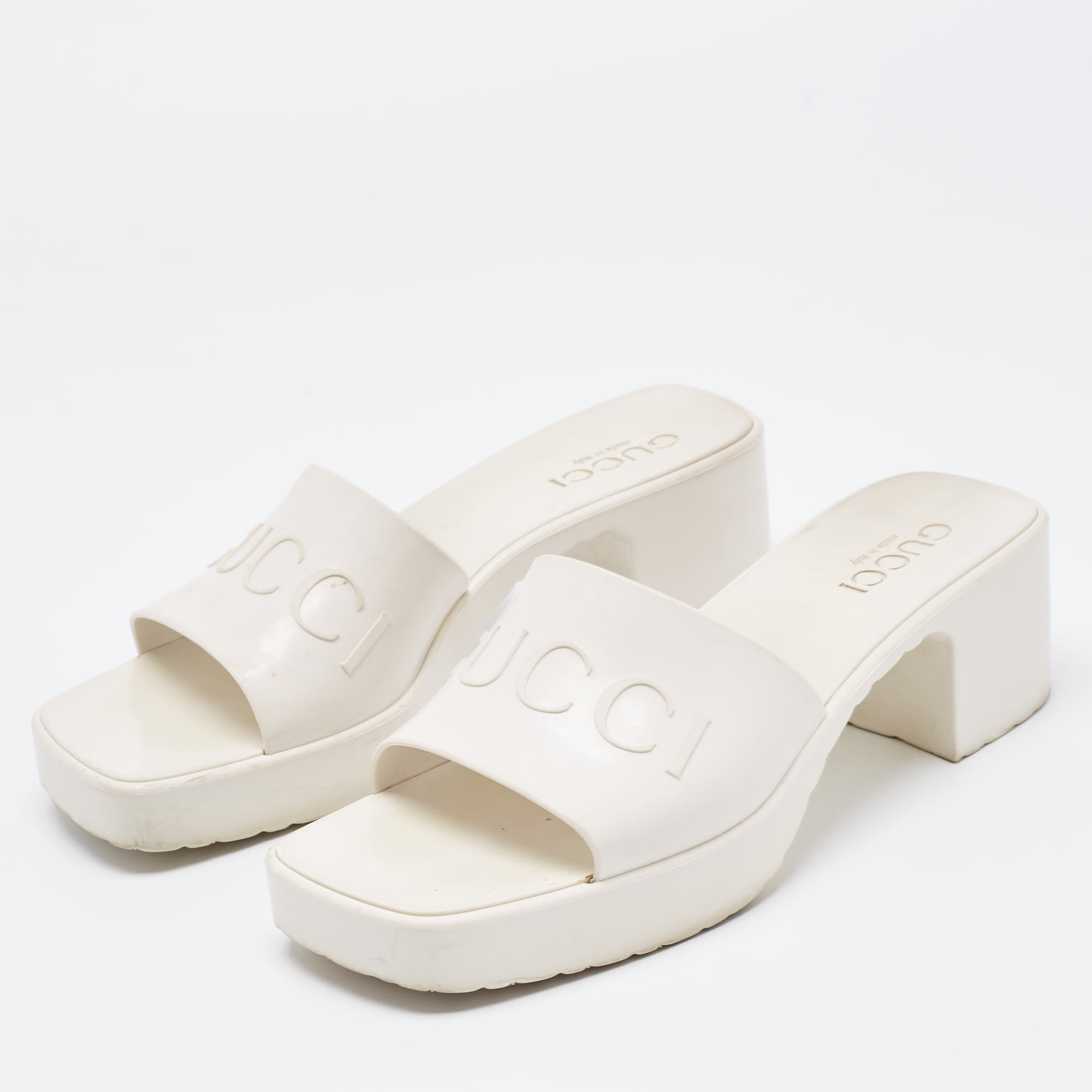 

Gucci Off White Rubber Logo Slide Sandals Size