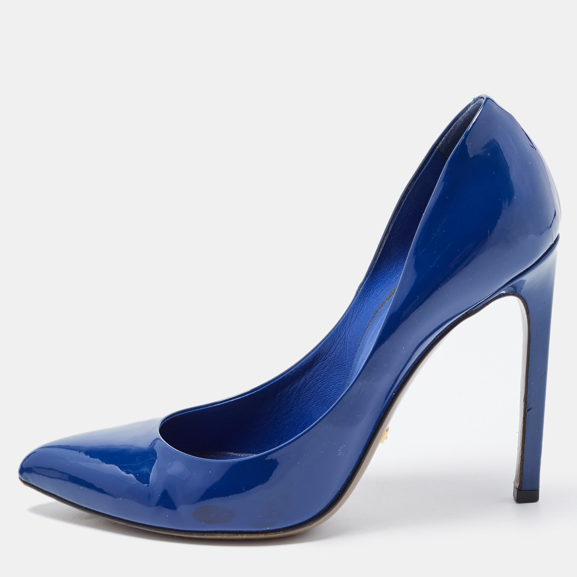 Pre-owned Gucci Royal Blue Patent Leather Pointed Toe Pumps Size 37.5