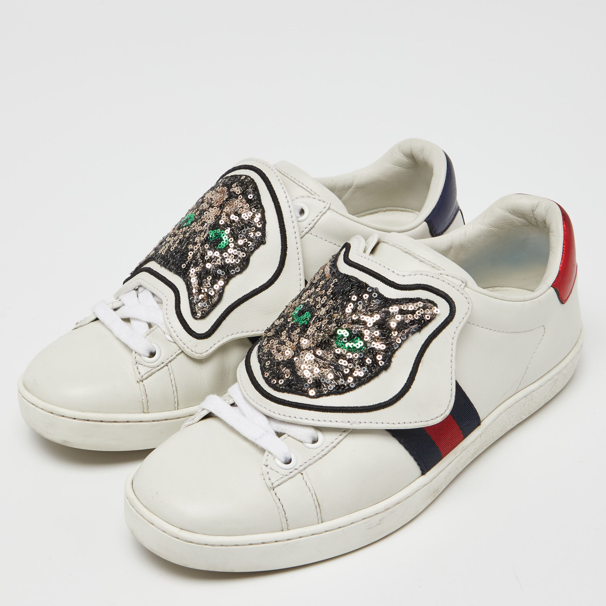 

Gucci White Leather Cat Sequins Ace Sneakers Size