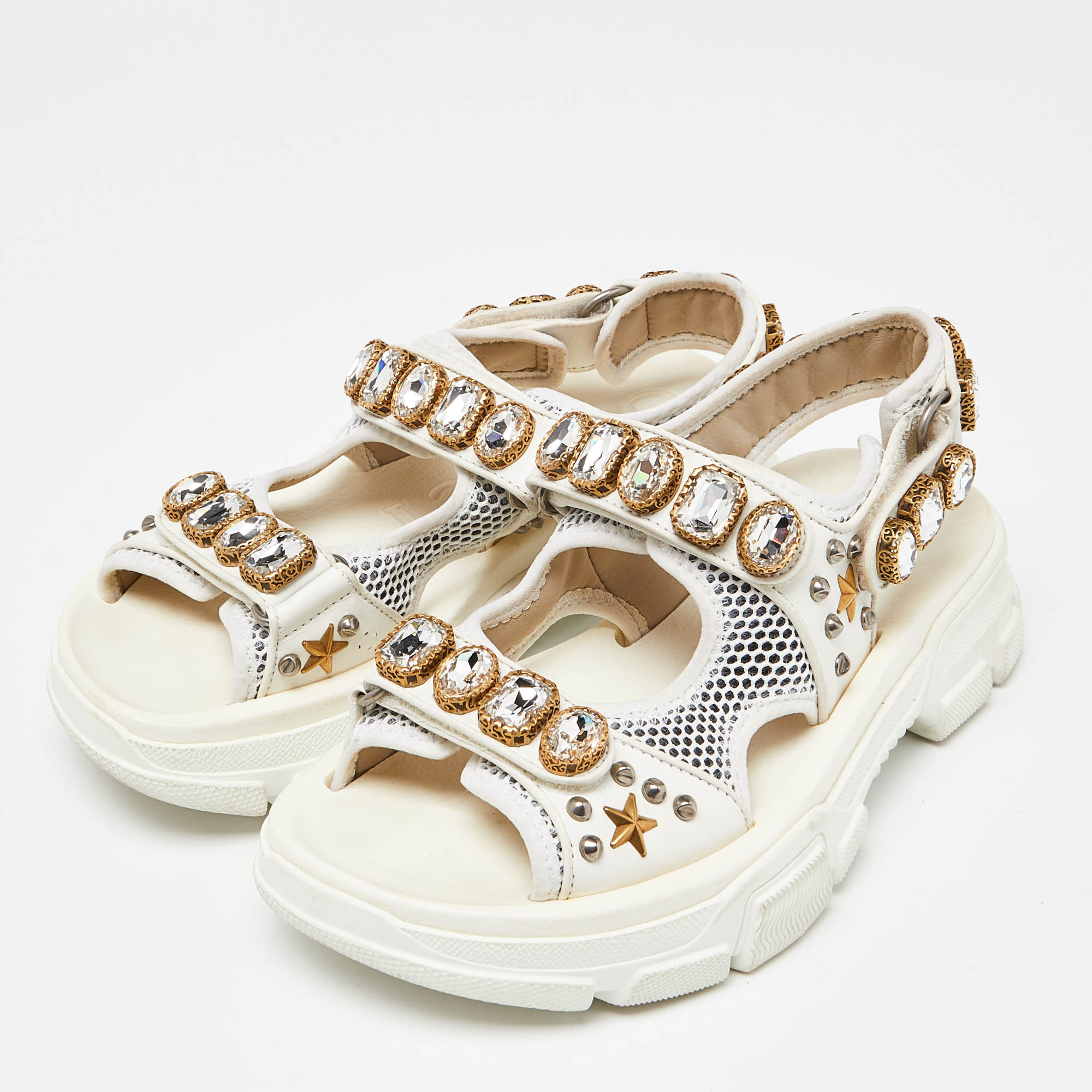 

Gucci Off White Leather Crystal Embellished Aguru Sandals Size