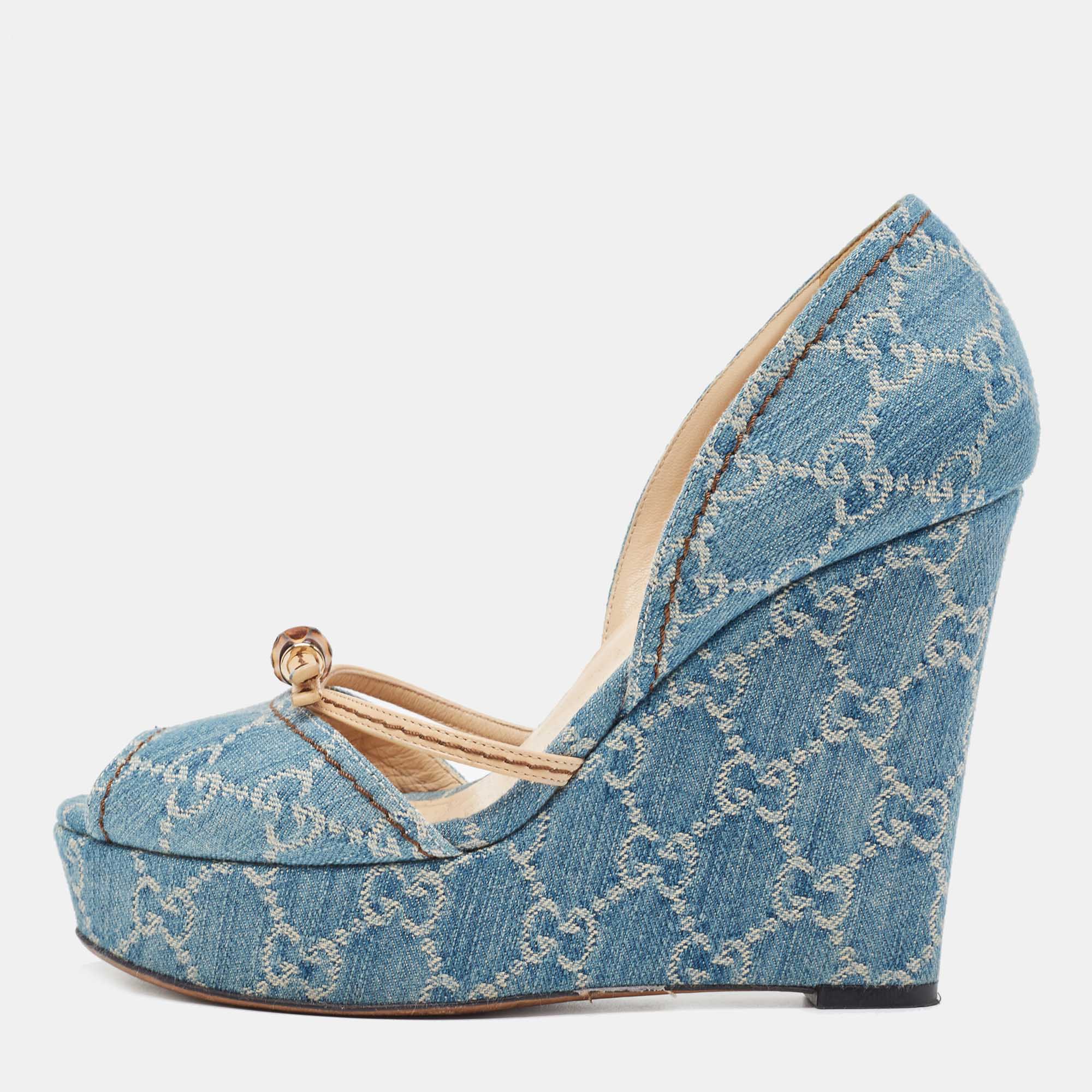 Pre-owned Gucci Blue Gg Denim Bamboo Peep Toe D'orsay Wedge Sandals Size 38