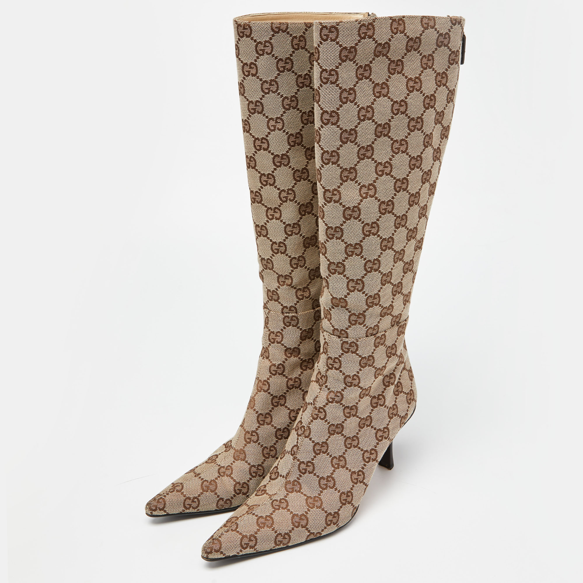 

Gucci Beige/Brown GG Canvas Zip Knee Length Boots Size