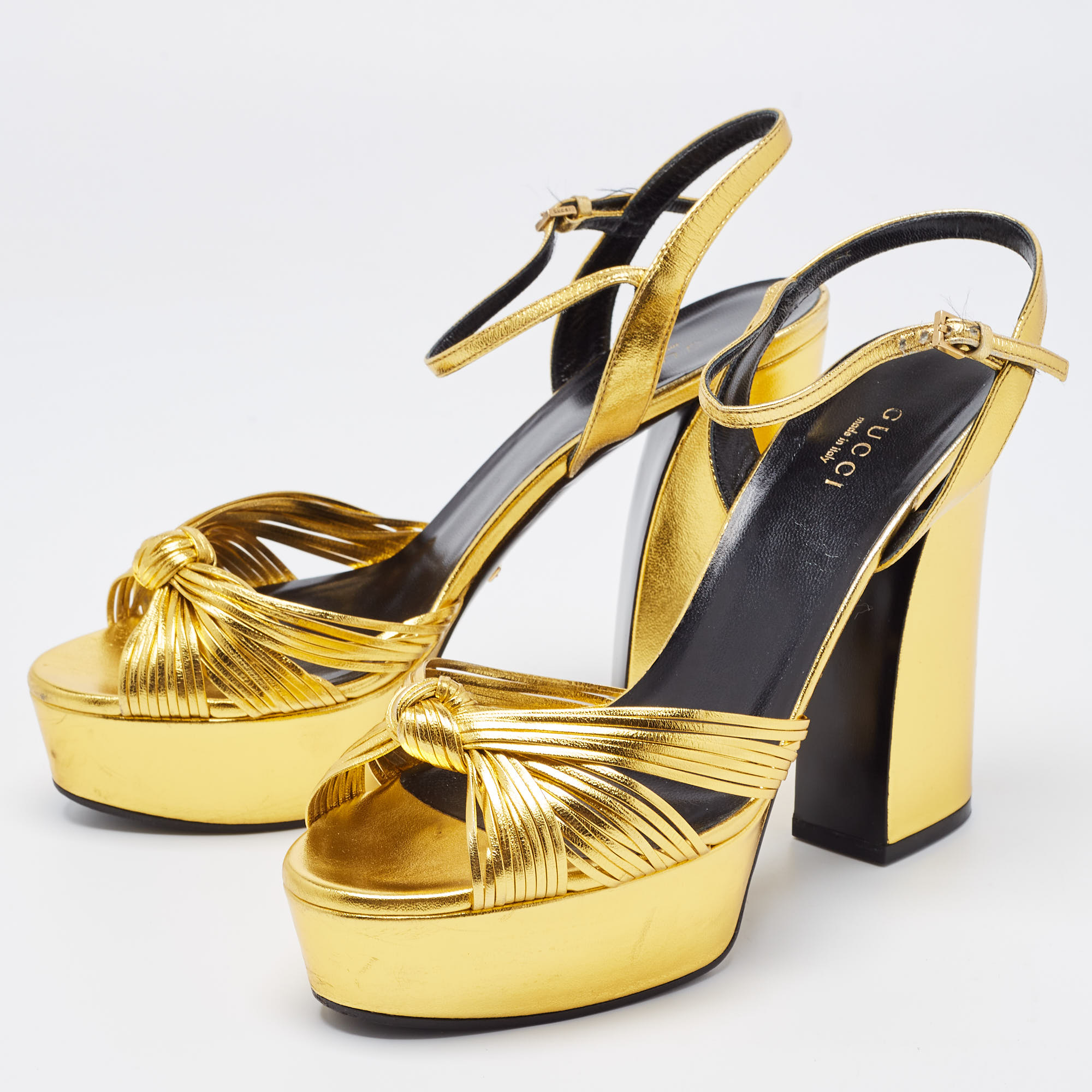 

Gucci Gold Leather Allie Knotted Platform Ankle Strap Sandals Size