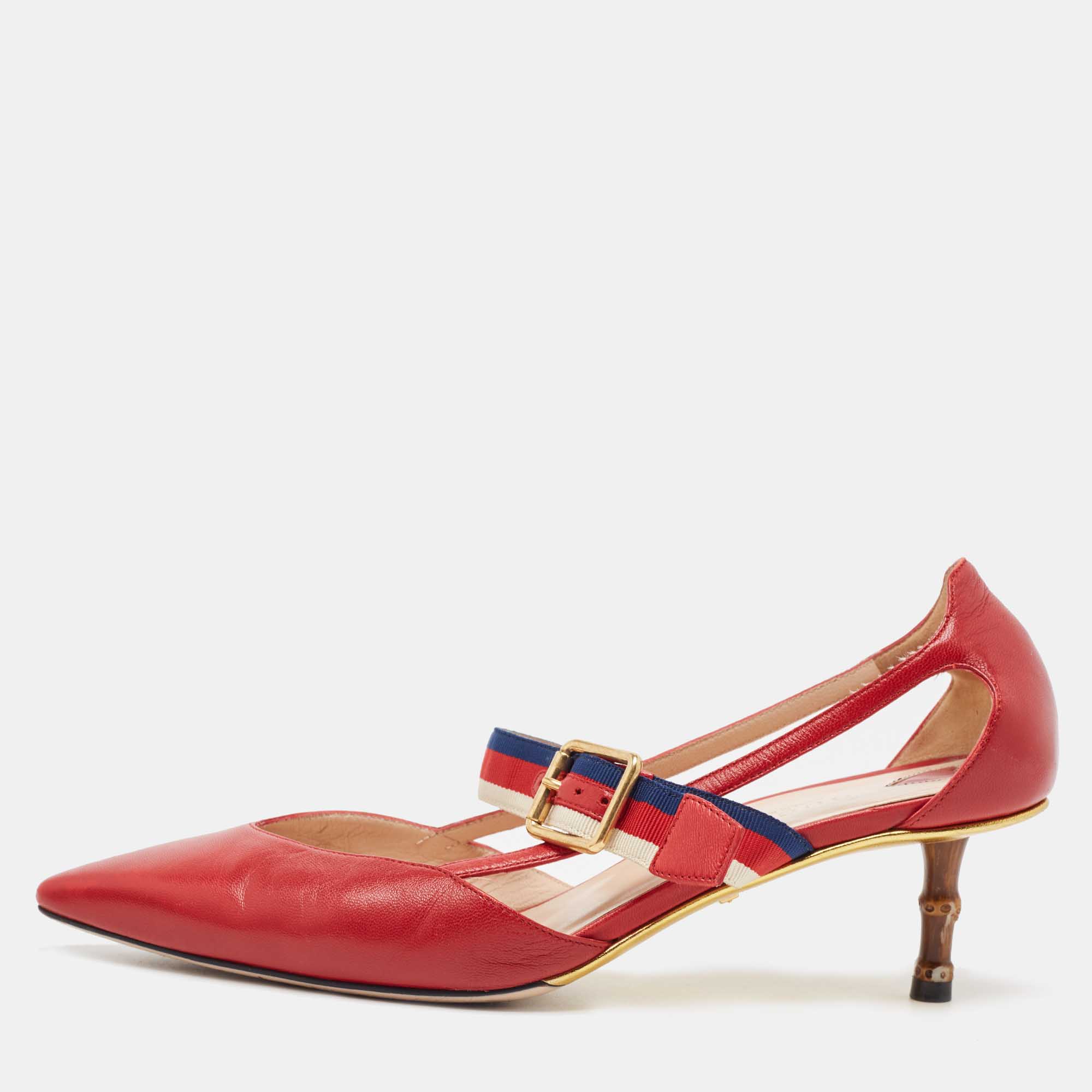 Pre-owned Gucci Red Leather Sylvie Buckle Pointed Toe Pumps Size 38