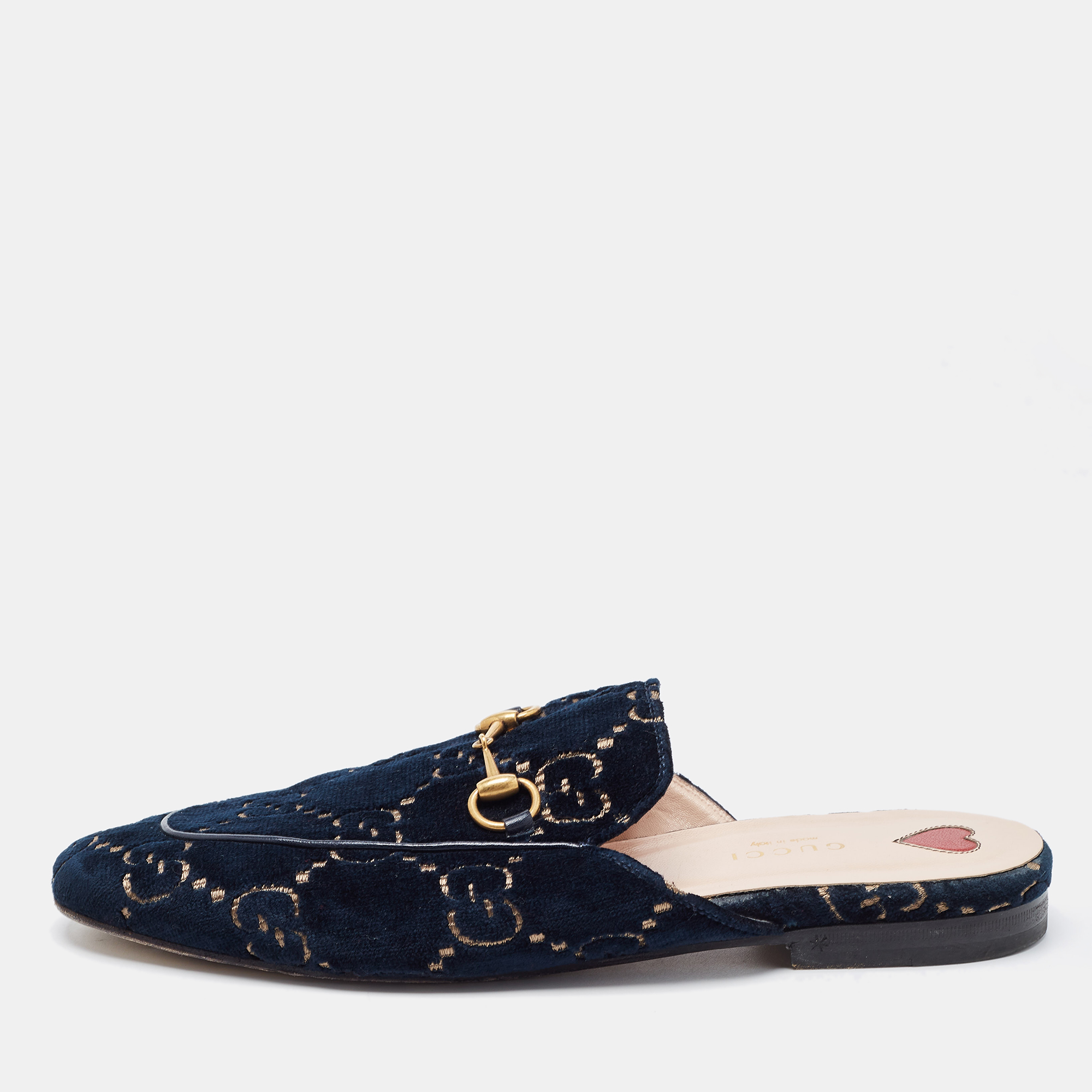 Gucci Navy Blue Velvet Princetown Mules Size 39