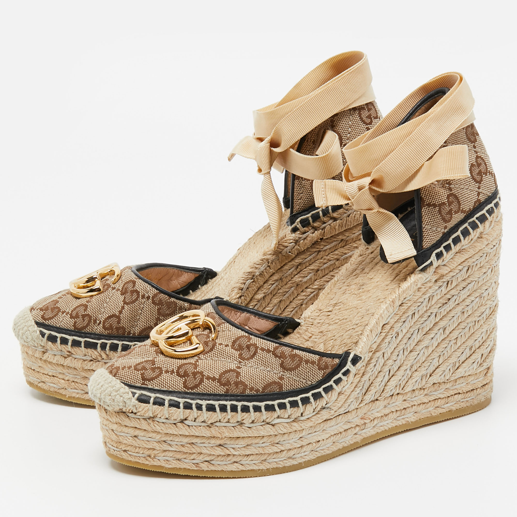 

Gucci Brown/Beige GG Canvas Pilar Ankle Tie Espadrille Wedge Pumps Size