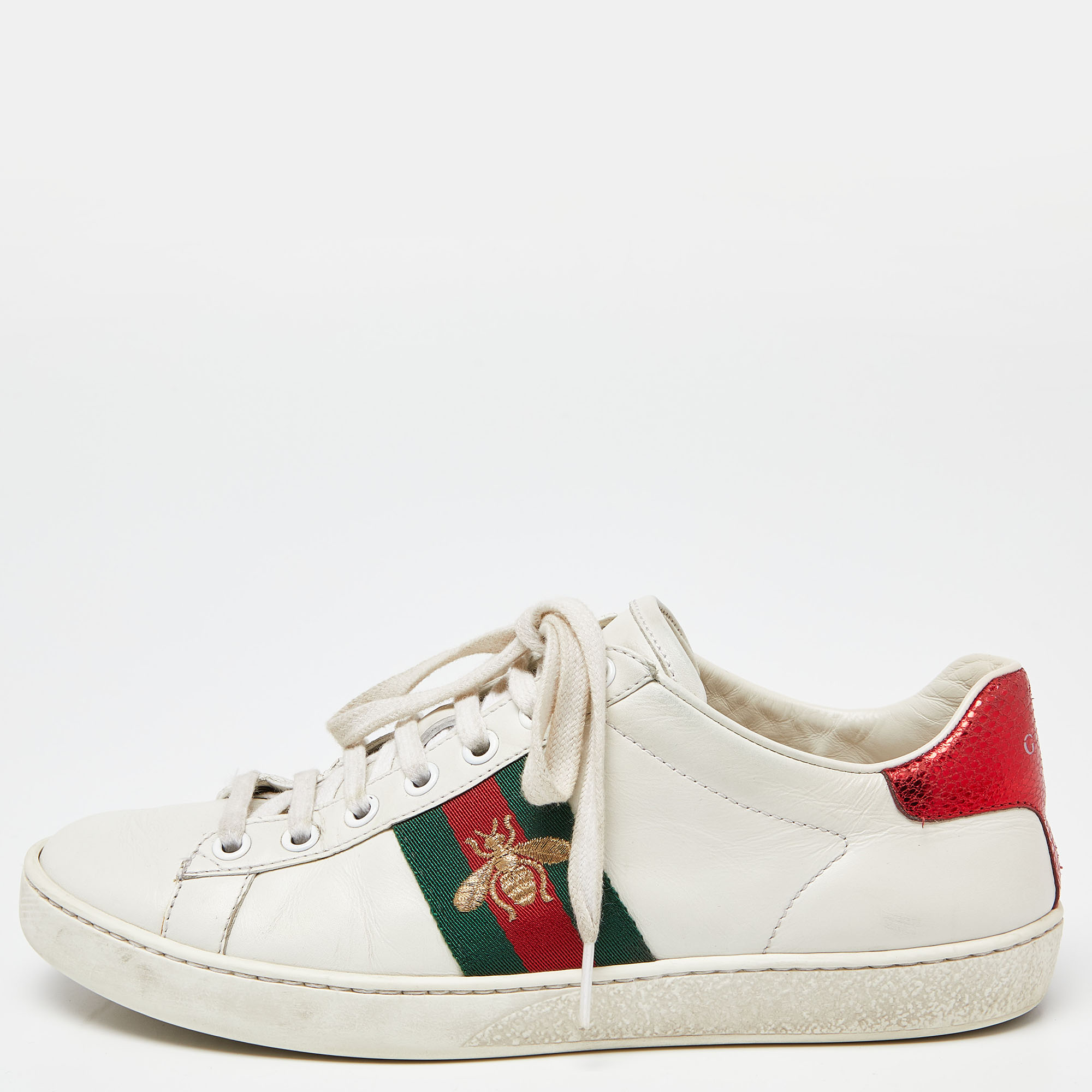 

Gucci White Leather Web Detail Bee Embroidered Ace Low Top Sneakers Size