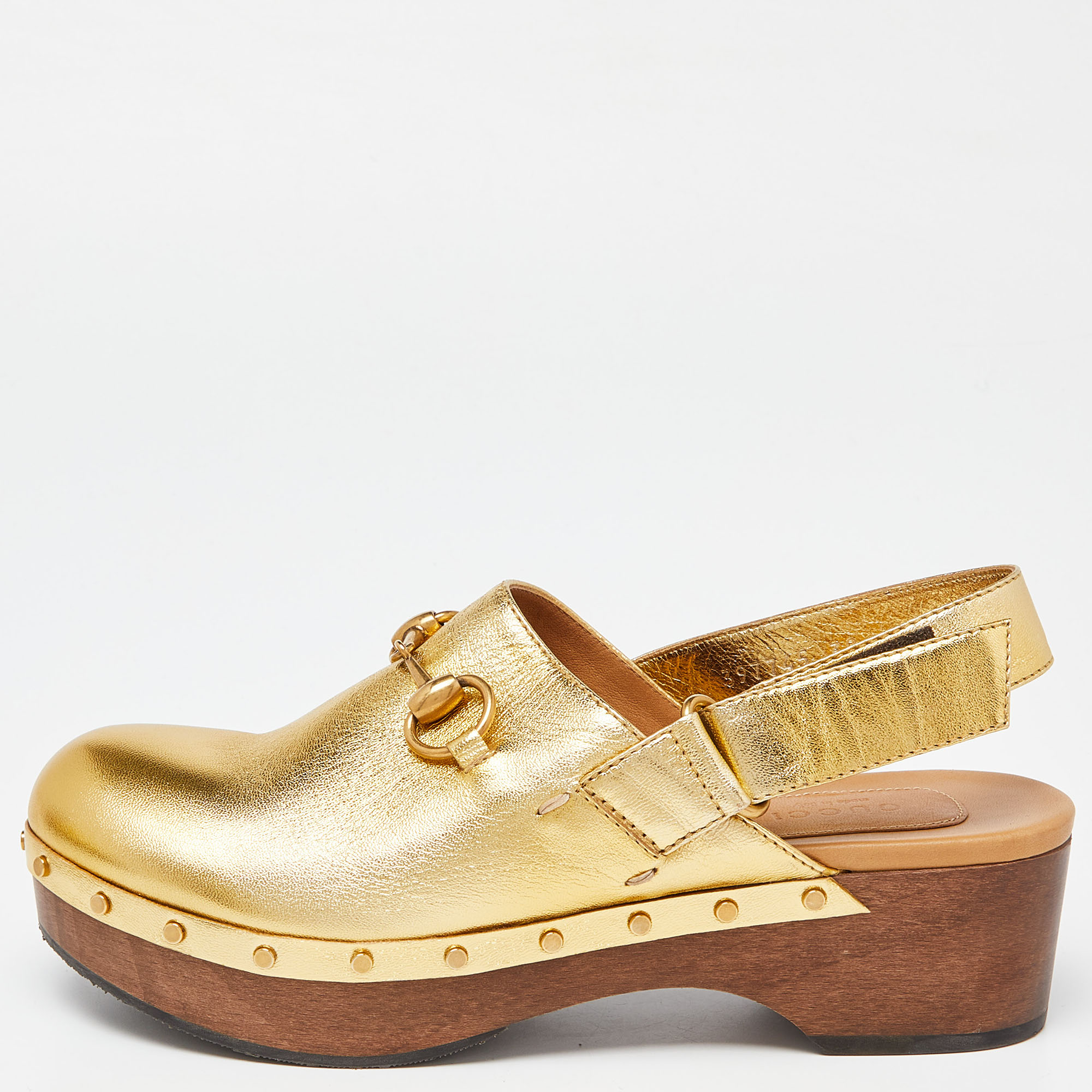 Pre-owned Gucci Gold Leather Amstel Horsebit Slingback Clog Sandals Size 38