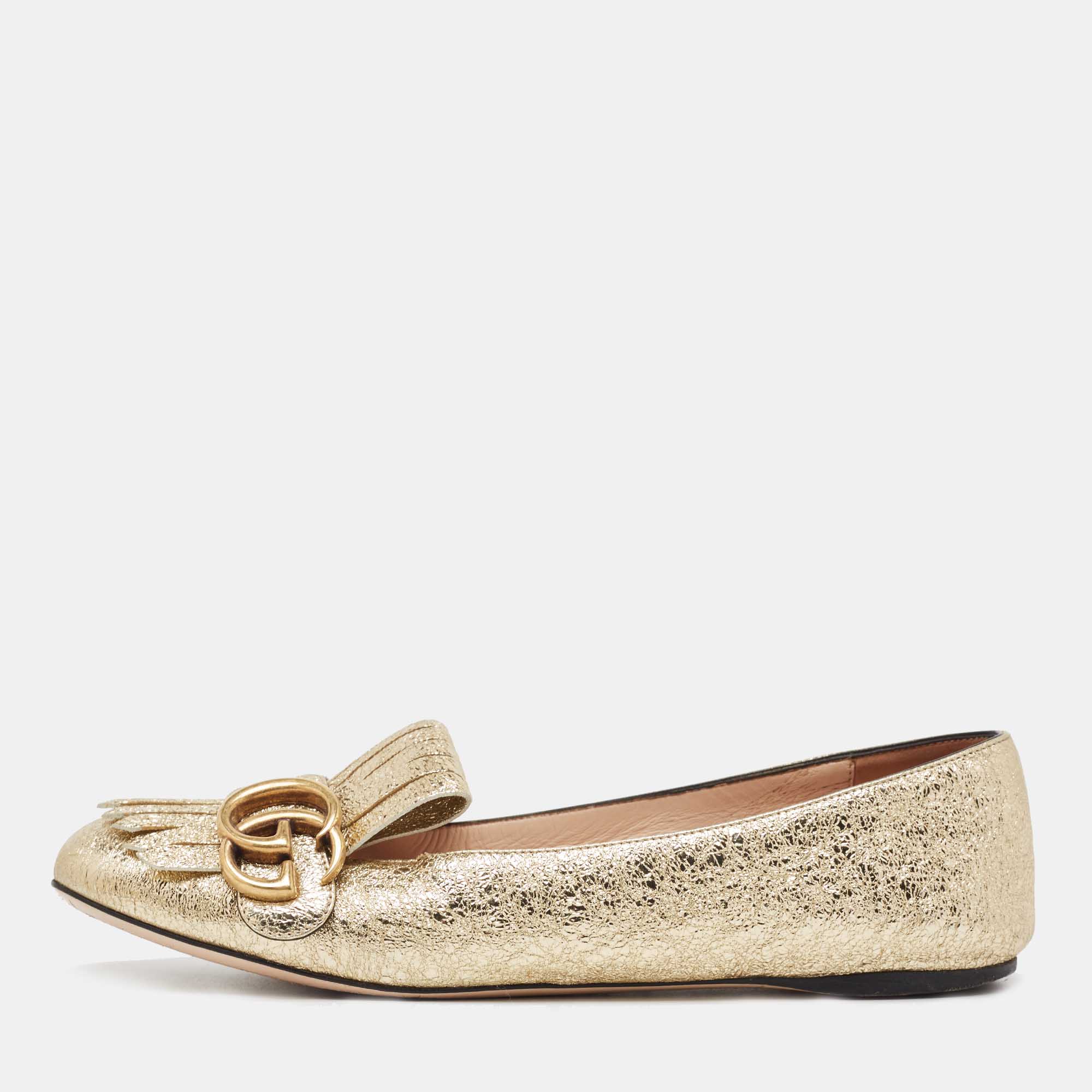 

Gucci Gold Crinkled Leather GG Marmont Fringe Flats Size