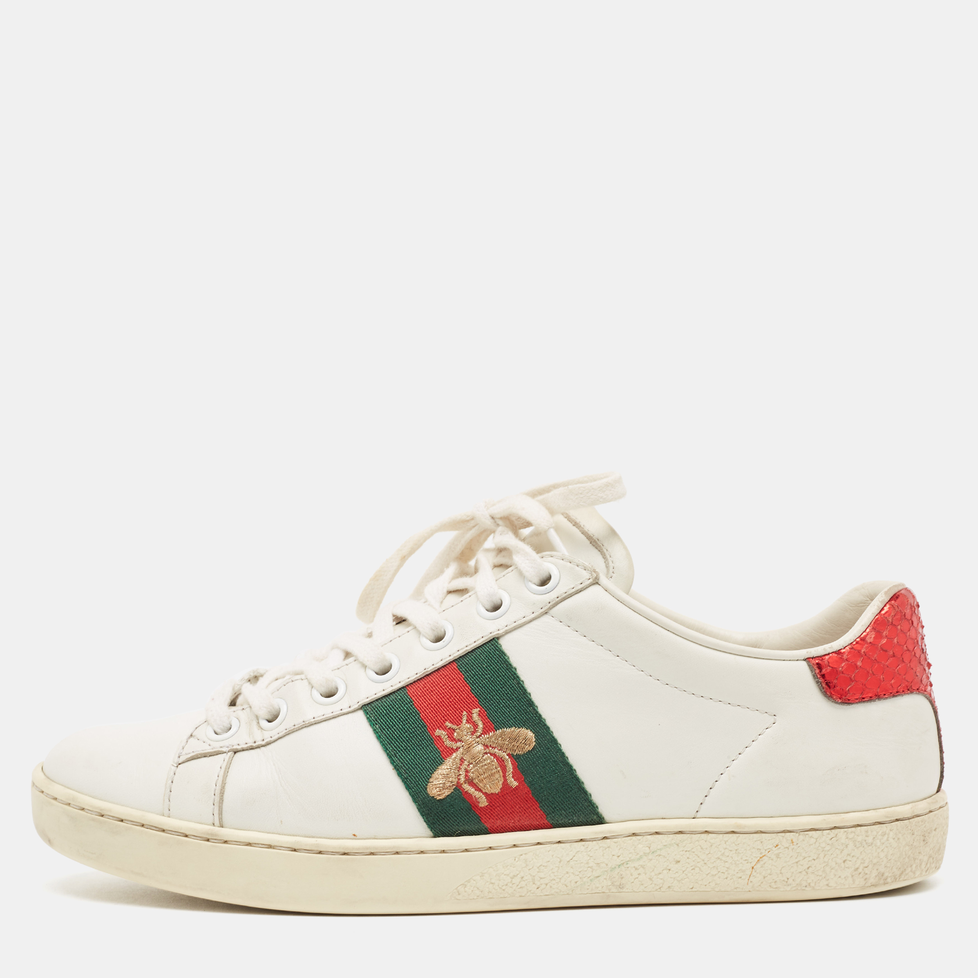 Pre-owned Gucci White Leather Ace Low Top Trainers Size 36