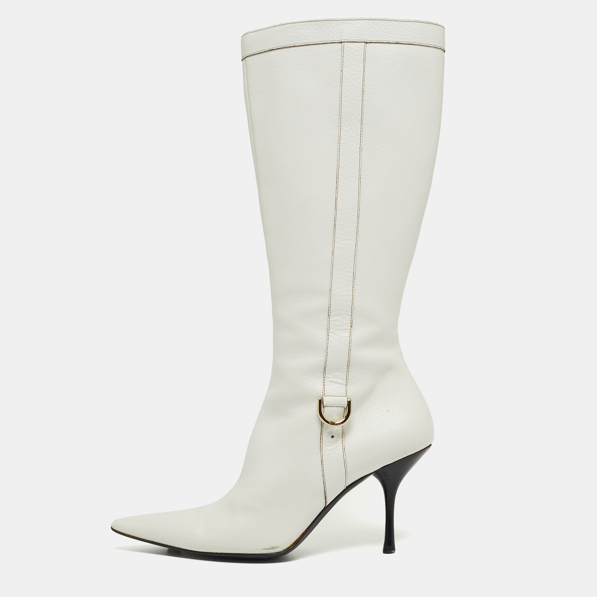 Pre-owned Gucci White Leather Pointed Toe Knee Length Boots Size 41