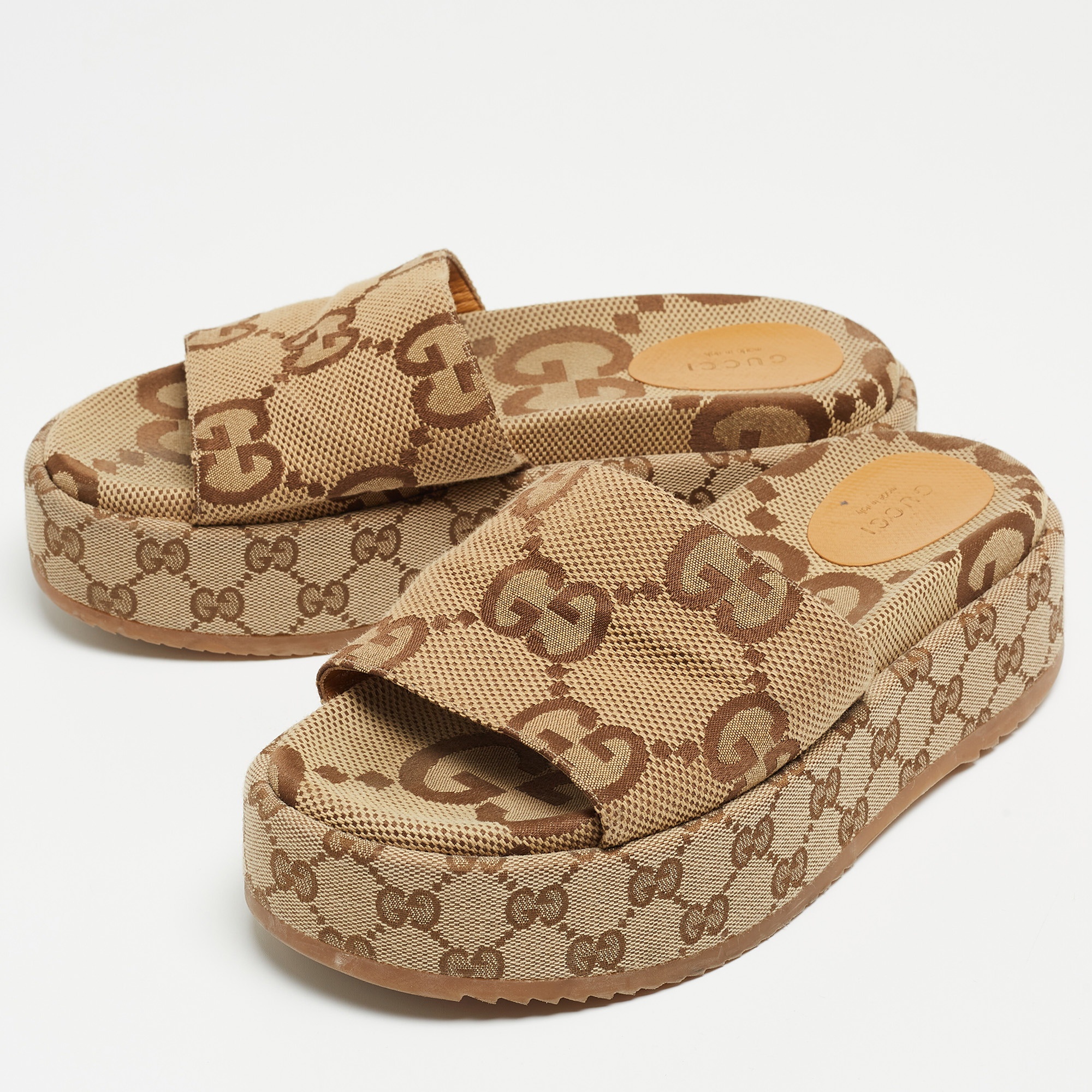 

Gucci Brown/Beige GG Canvas Platform Slide Sandals Size