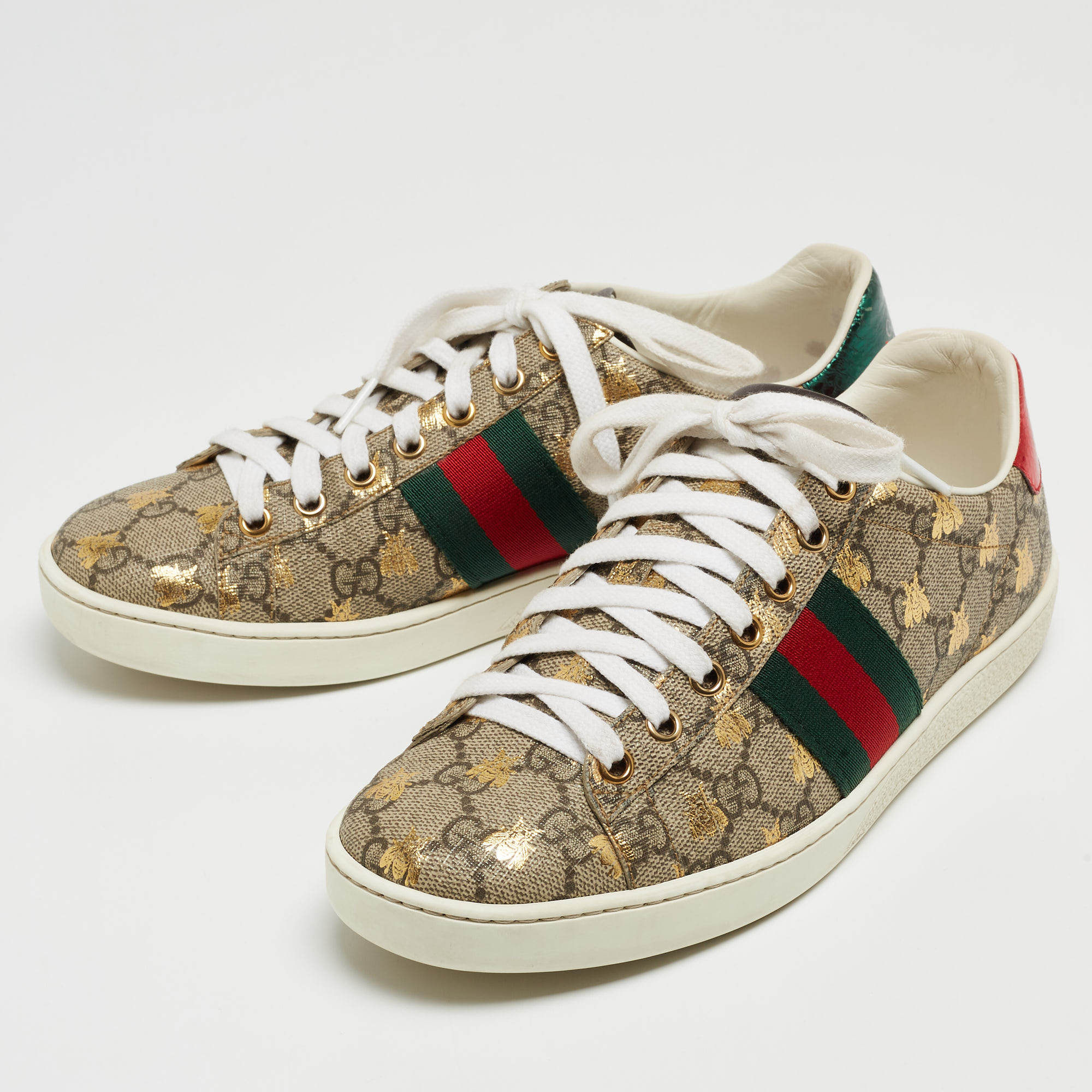 

Gucci Beige/Red Canvas And Python Embossed Leather Ace Low Top Sneakers Size, Brown