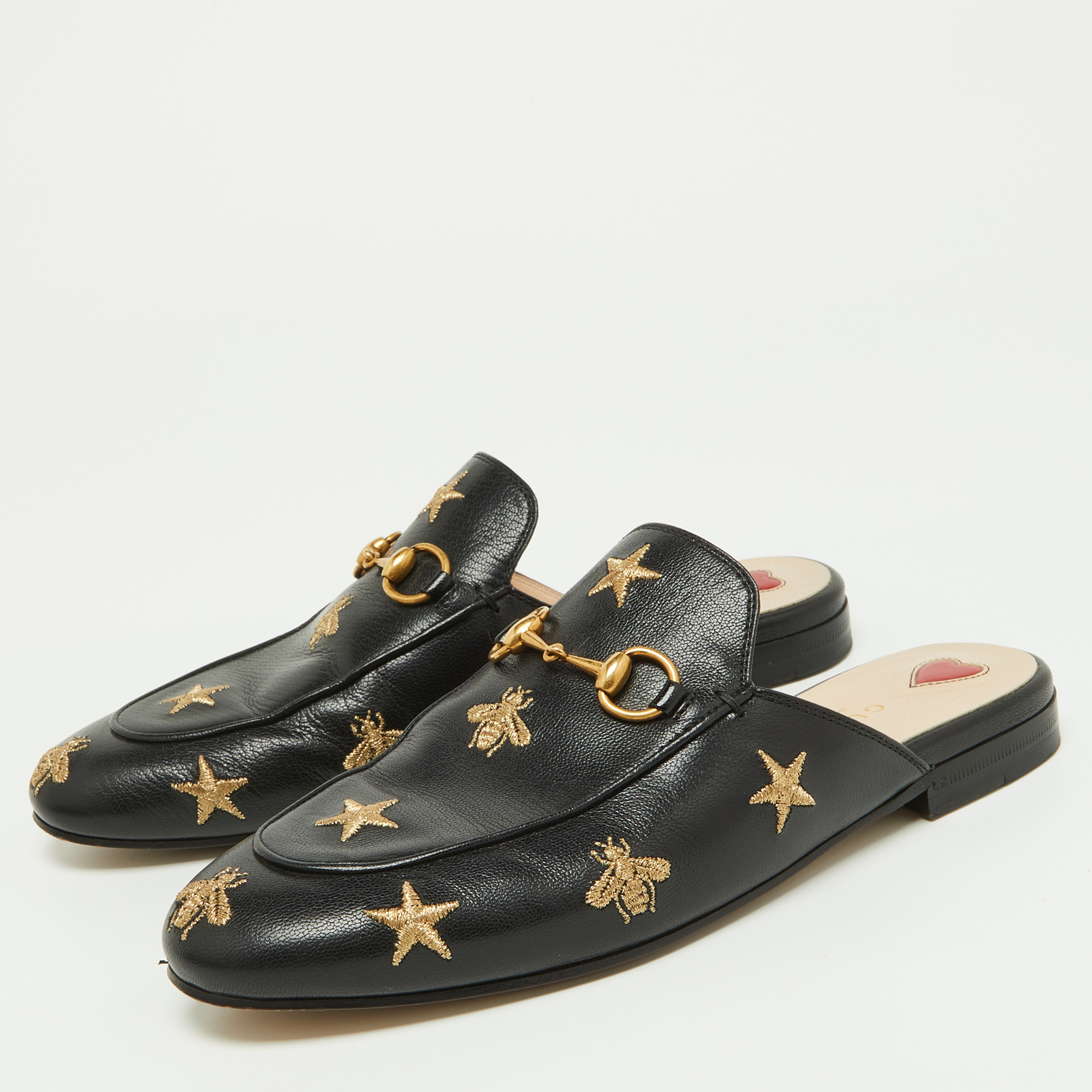 

Gucci Black/Gold Leather Bee and Star Embroidered Princetown Flat Mules Size