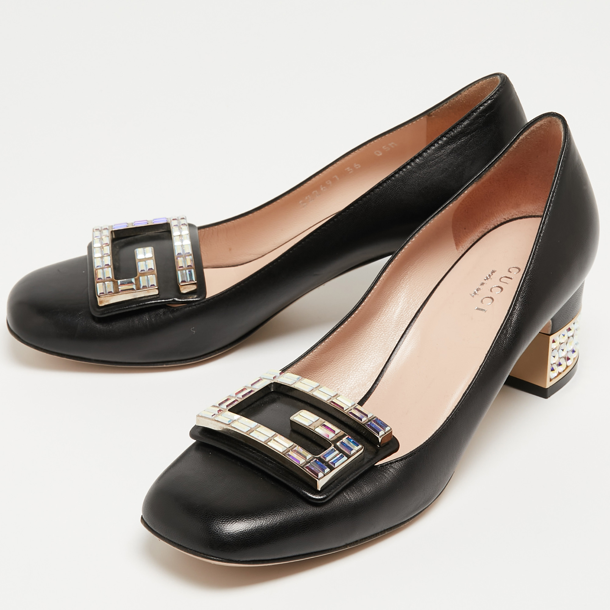 

Gucci Black Leather Crystal Embellished Block Heel Pumps Size