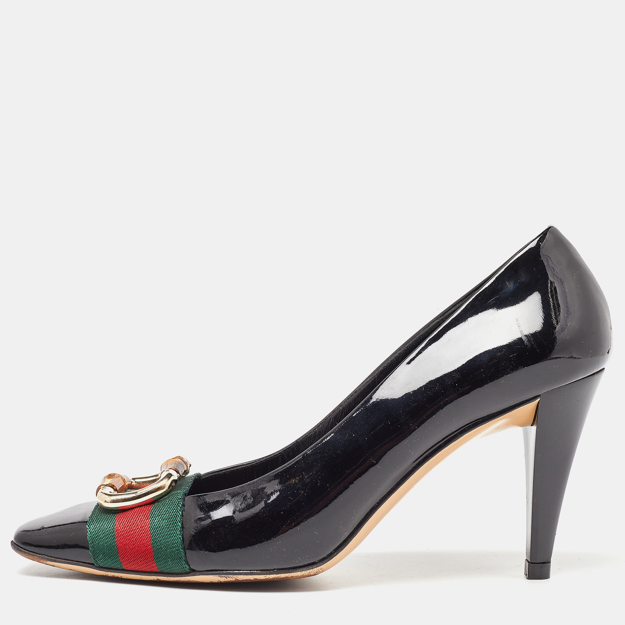

Gucci Black Patent Leather Web Bamboo Buckle Pumps Size