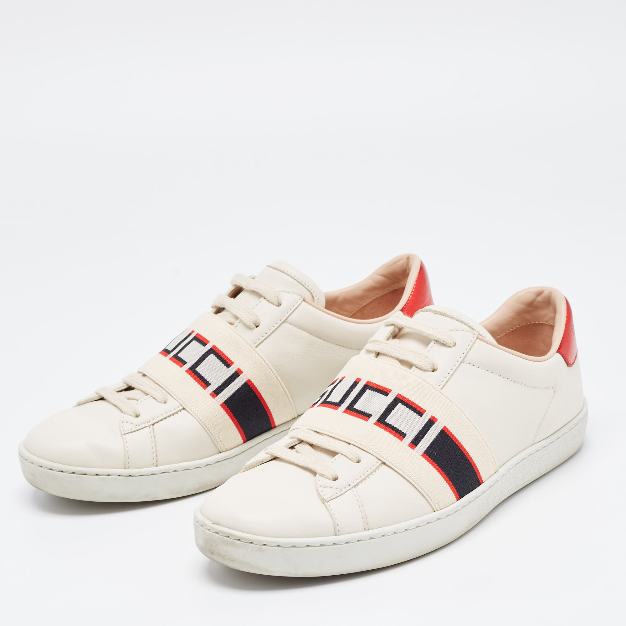 

Gucci Cream/Red Leather Ace Gucci Band Low Top Sneakers Size