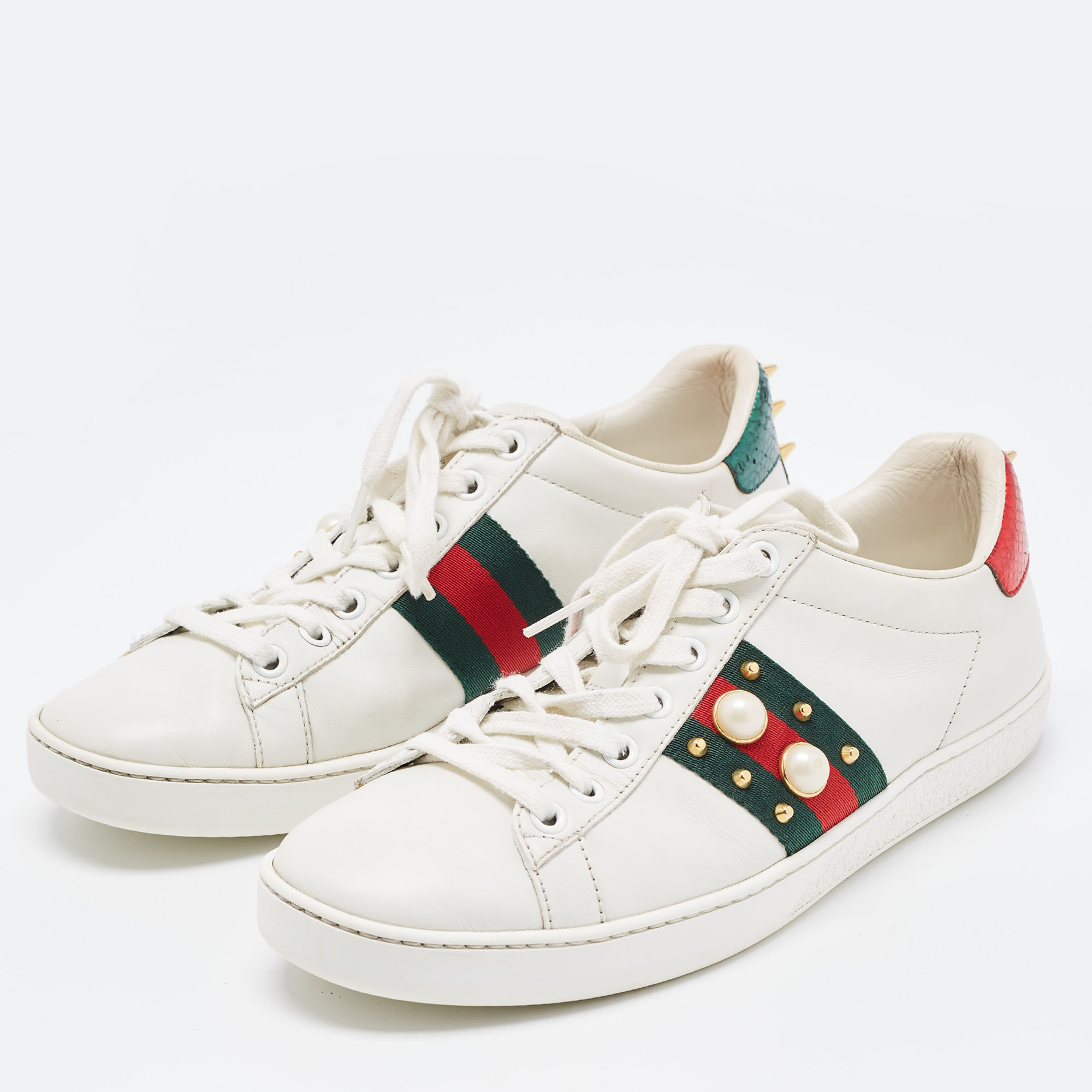 

Gucci White Leather Faux Pearl and Spike Embellished Ace Sneakers Size
