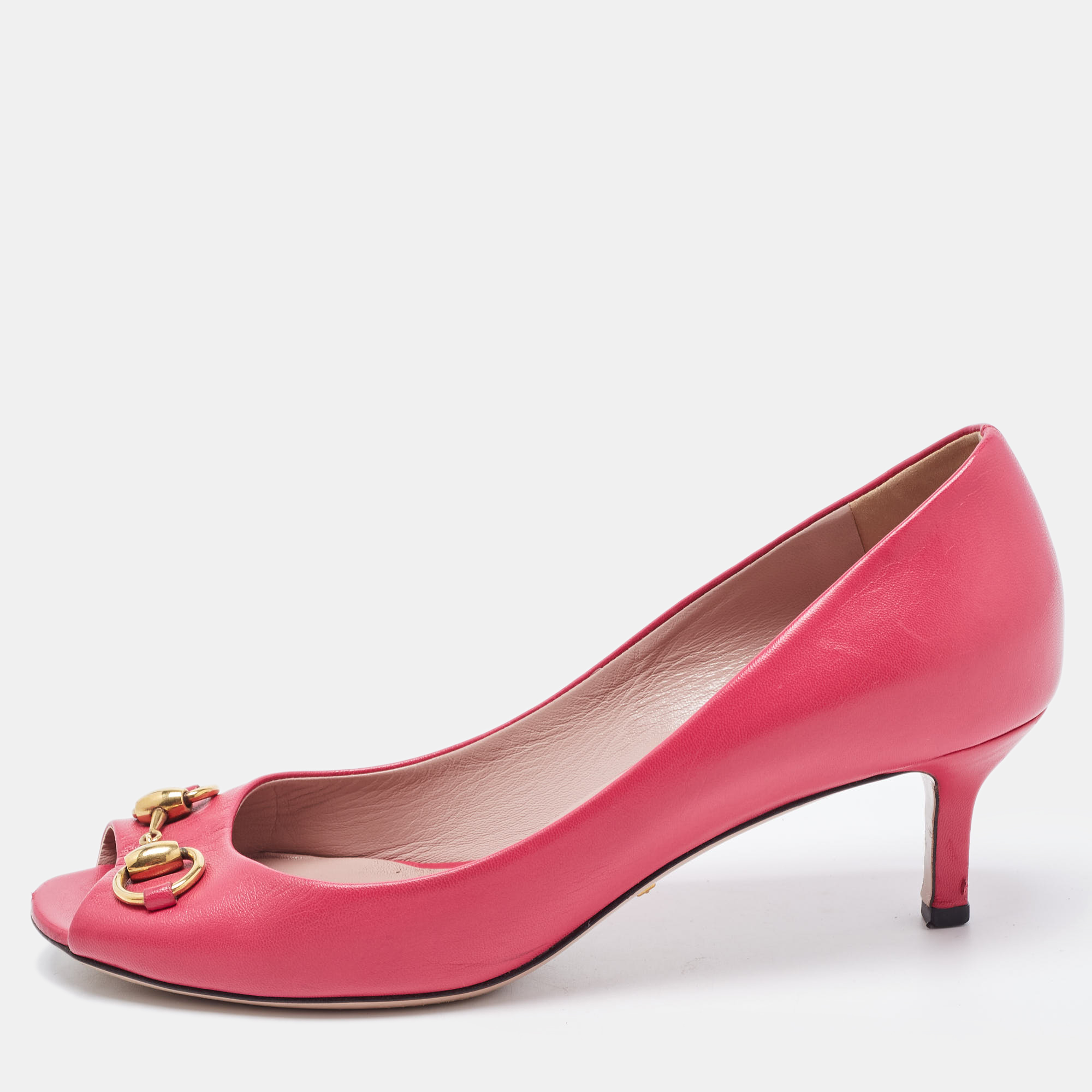 Pre-owned Gucci Pink Leather Horsebit Peep Toe Pumps Size 39
