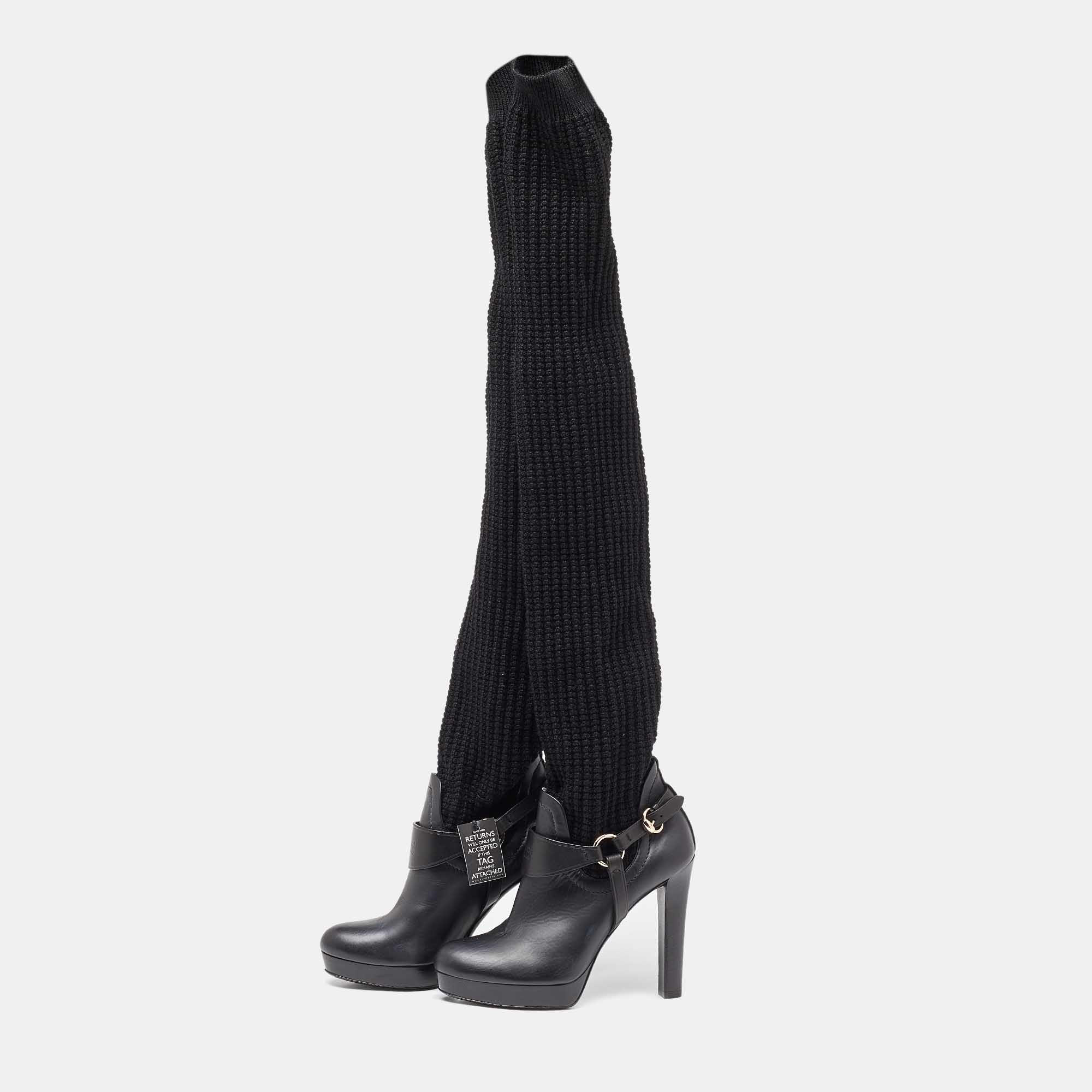 

Gucci Black Cotton Knit and Leather Over the Knee Length Platform Boots Size