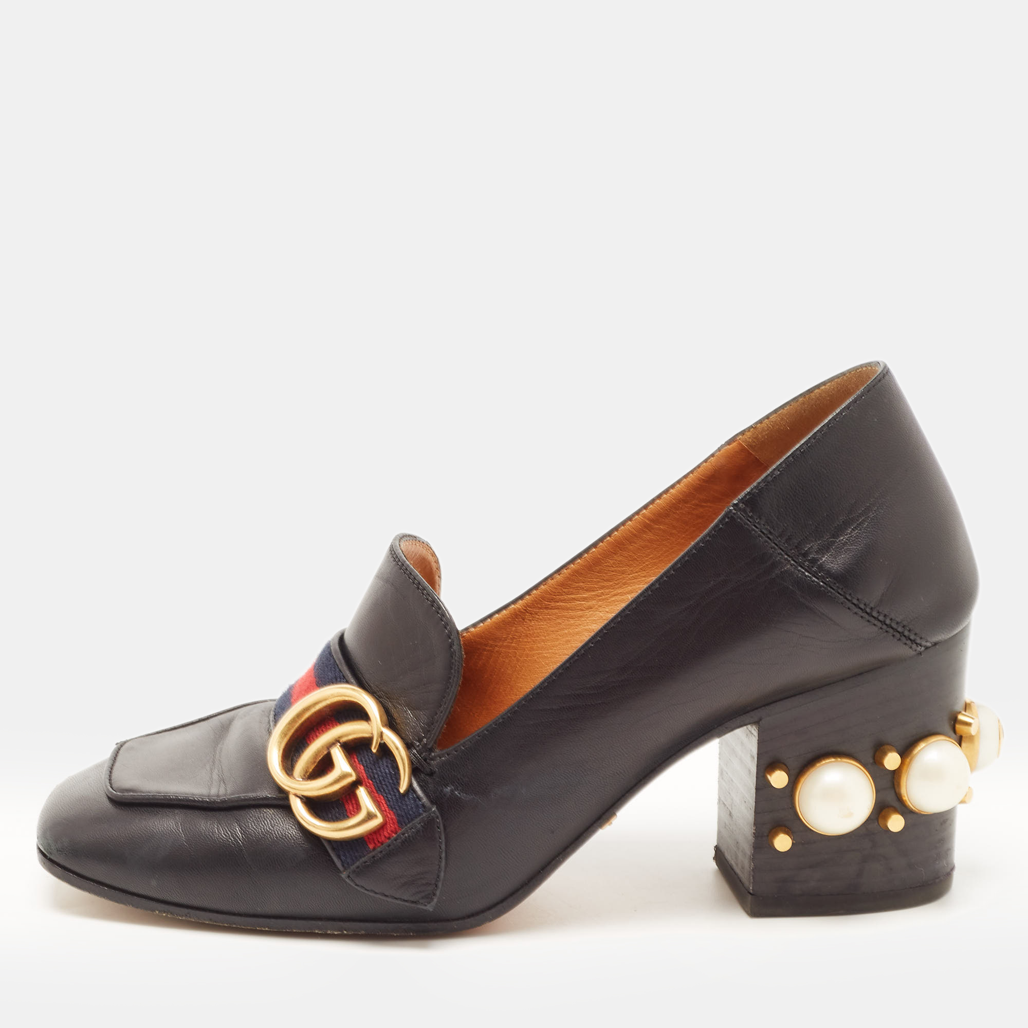 Gucci Black Leather GG Marmont Web Faux Pearl Embellished Block Heel Loafer Pumps Size 36.5