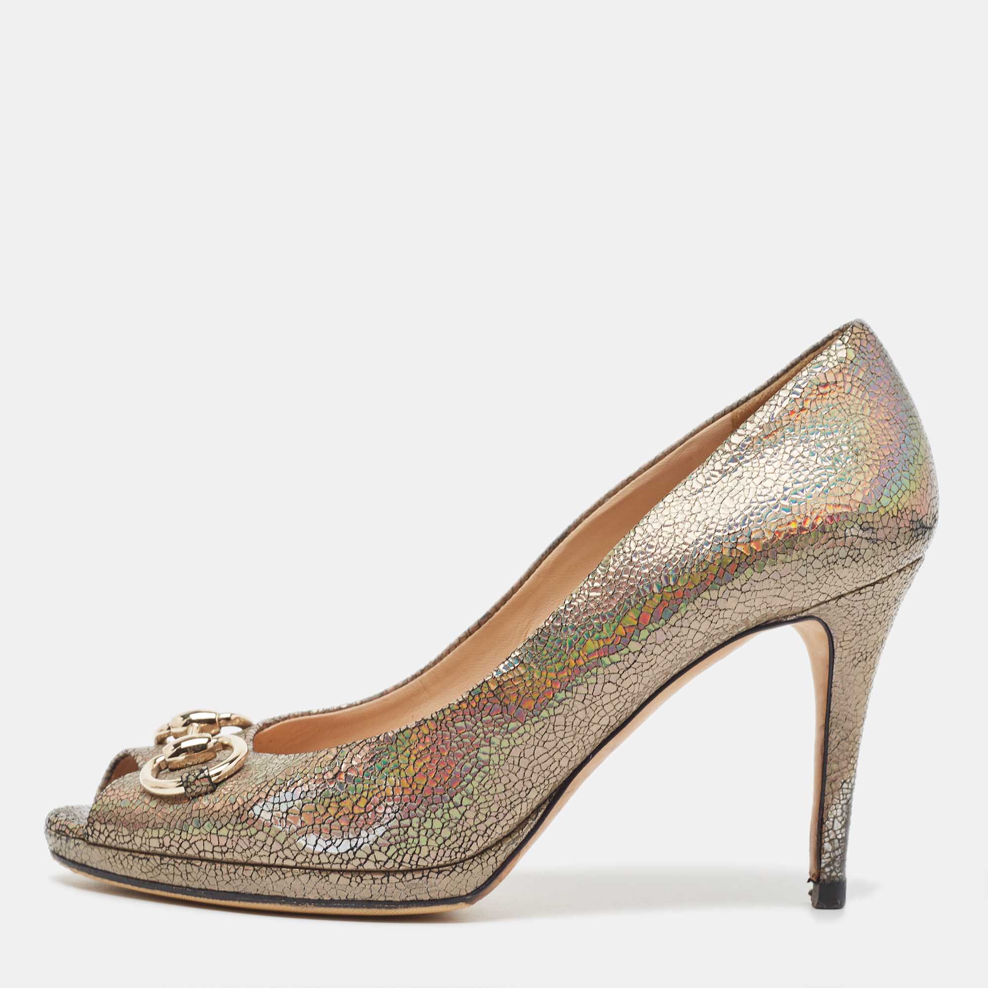 

Gucci Metallic Laminated Suede New Hollywood Platform Pumps Size