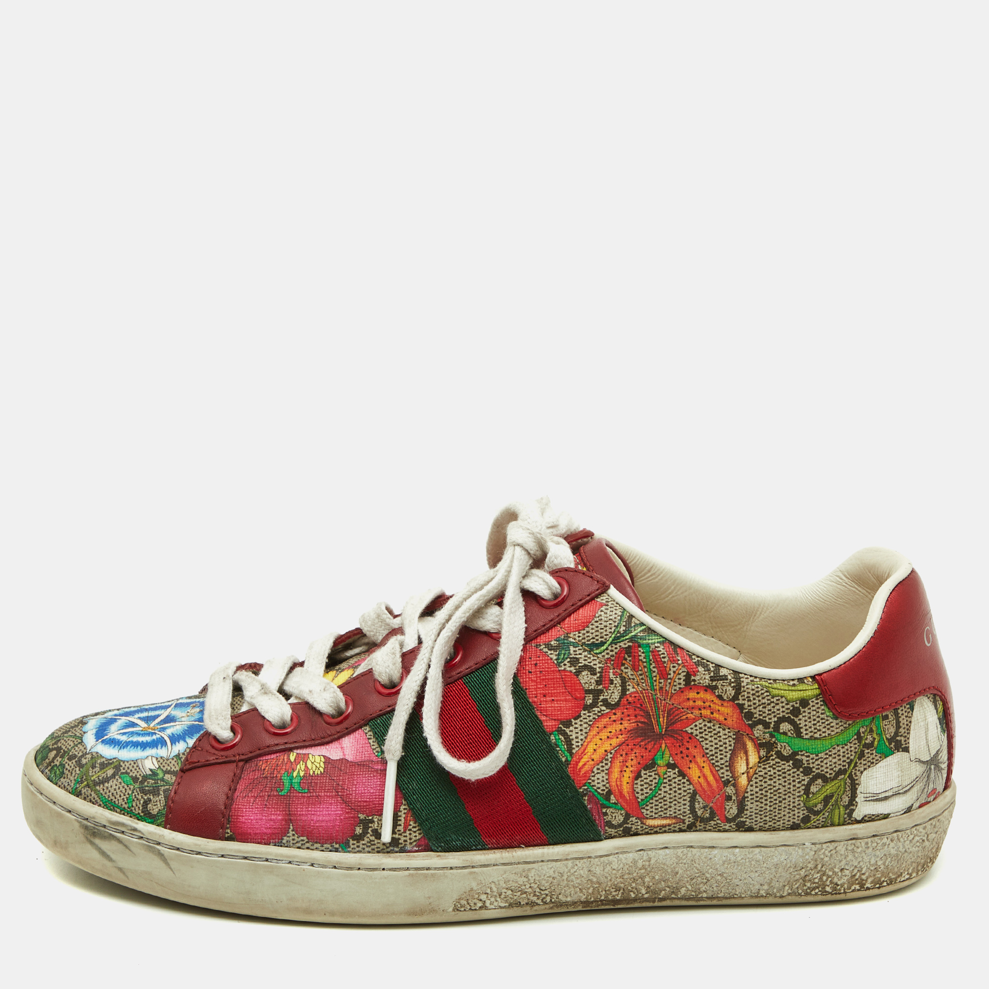 

Gucci Multicolor Floral Print GG Supreme Canvas and Leather Ace Low Top Sneakers Size