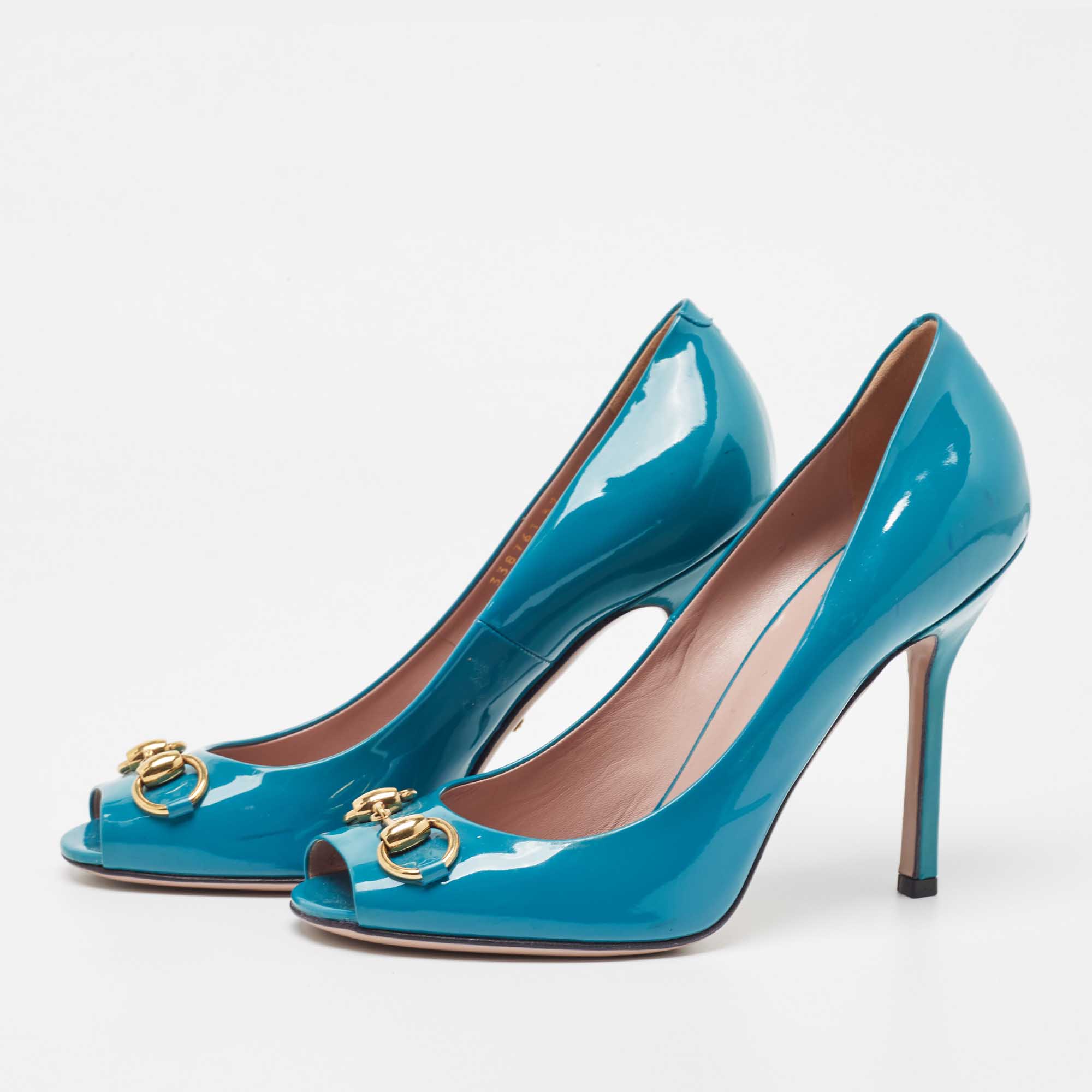 

Gucci Teal Patent Leather Horsebit Peep Toe Pumps Size, Green