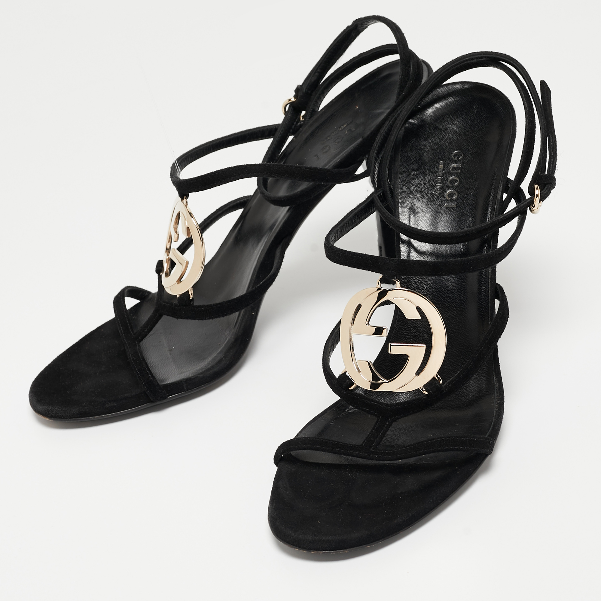 

Gucci Black Suede Interlocking G Strappy Sandals Size