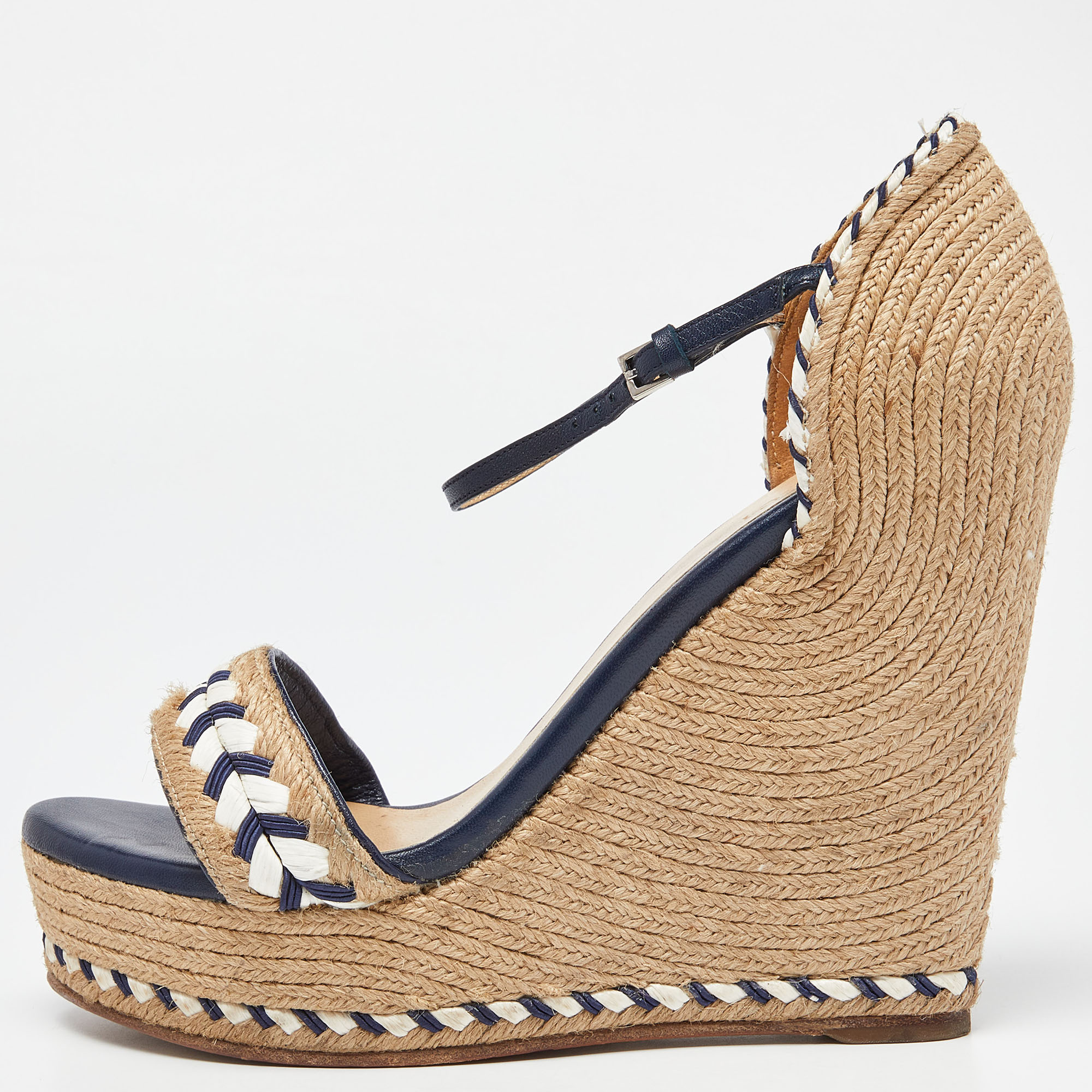 Pre-owned Gucci Beige/blue Jute And Leather Crystal Embellished Espadrille Wedge Sandals Size 39.5