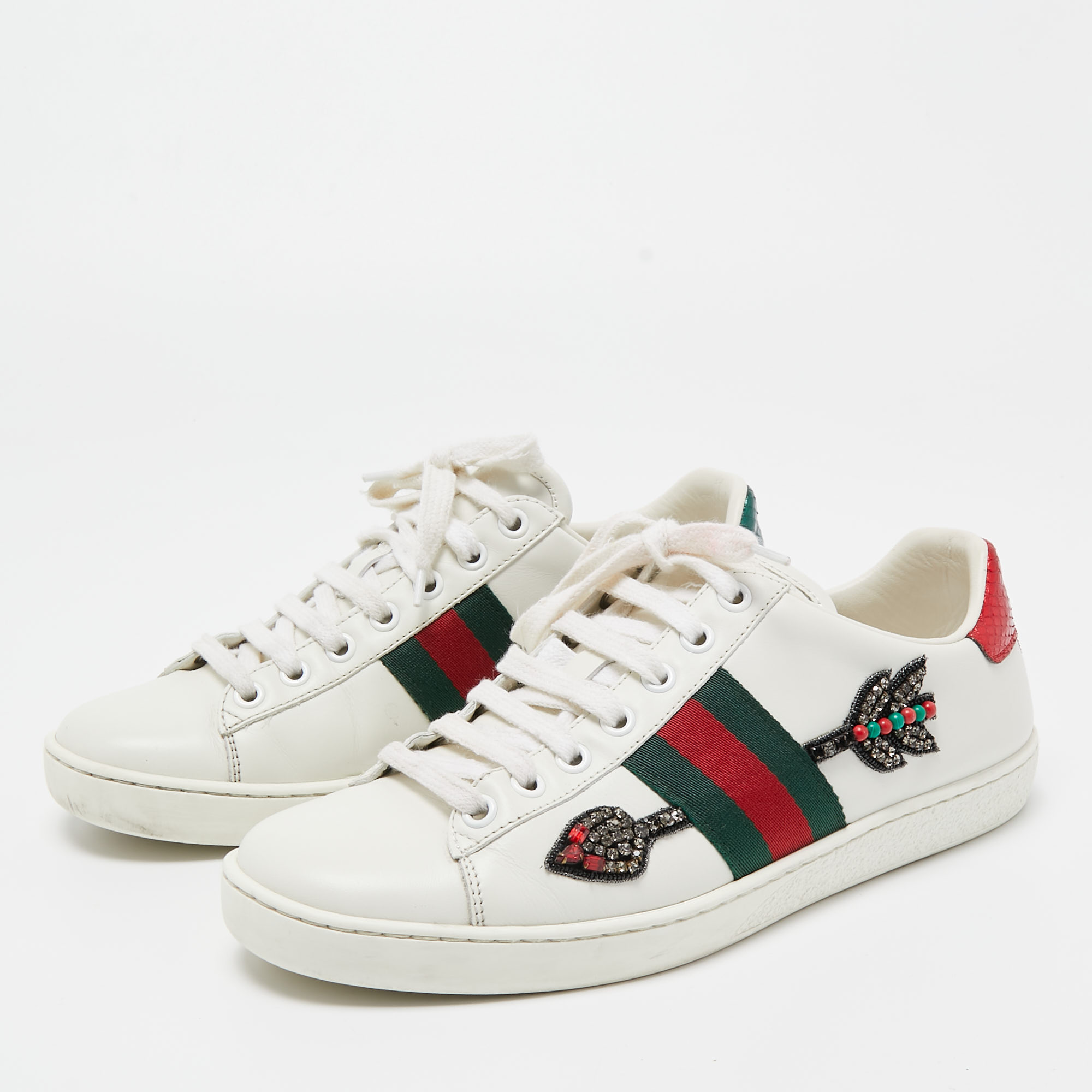 

Gucci White Arrow Embellished Leather Ace Low Top Sneakers Size