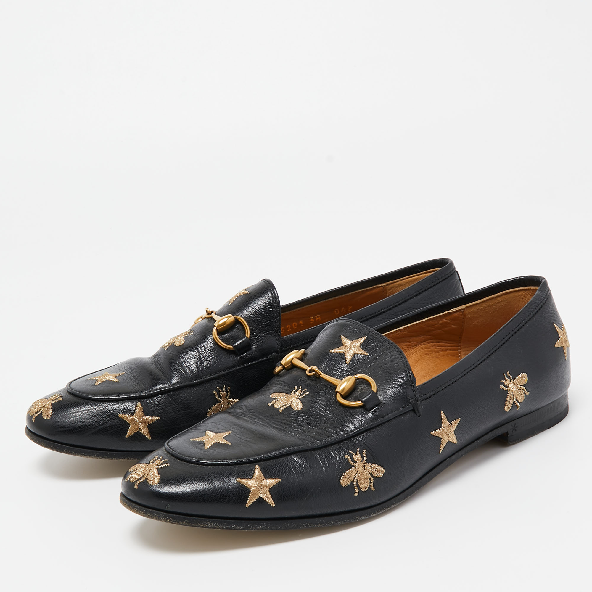 

Gucci Black Leather Embroidered Slip On Loafers Size