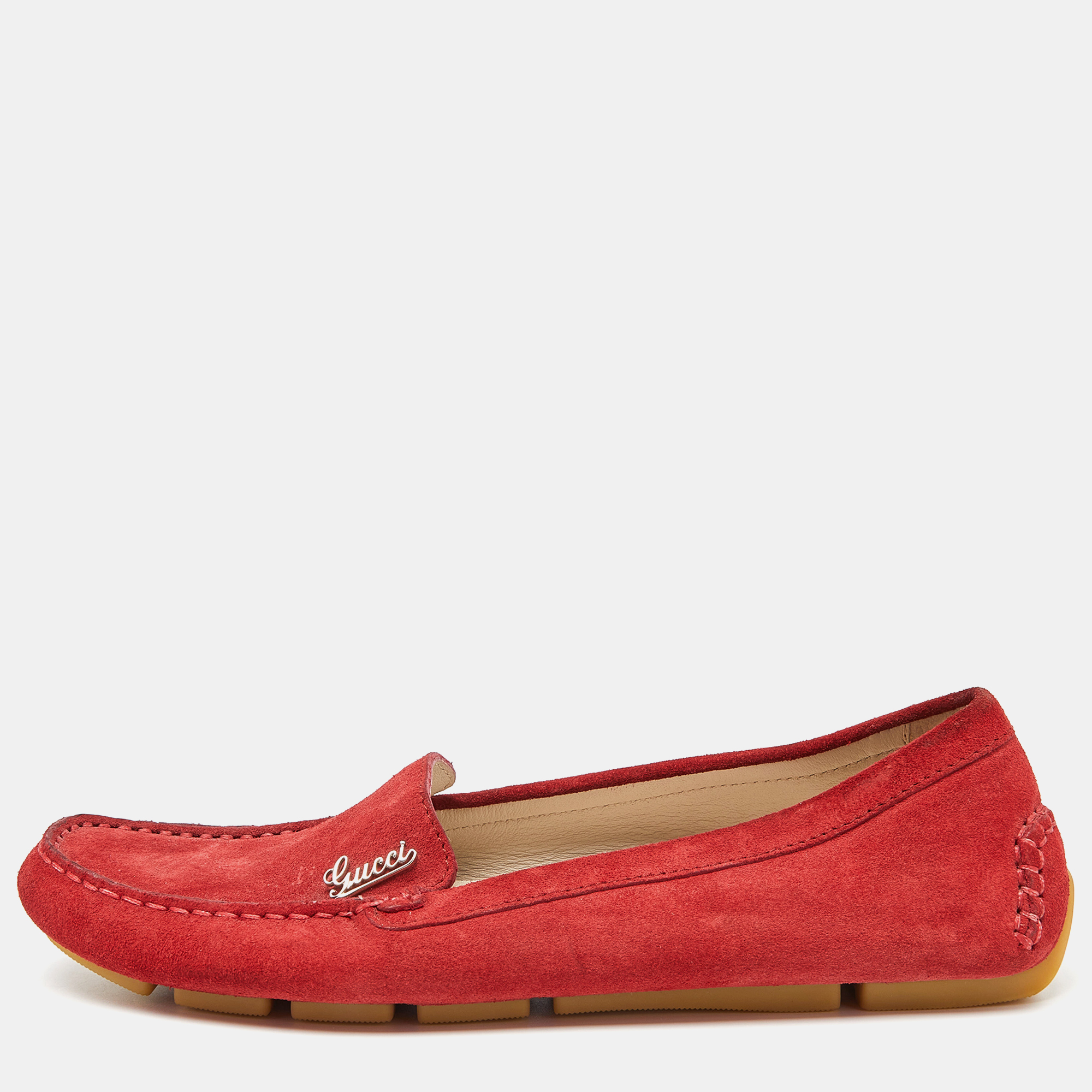Pre-owned Gucci Red Suede Slip On Loafers Size 36