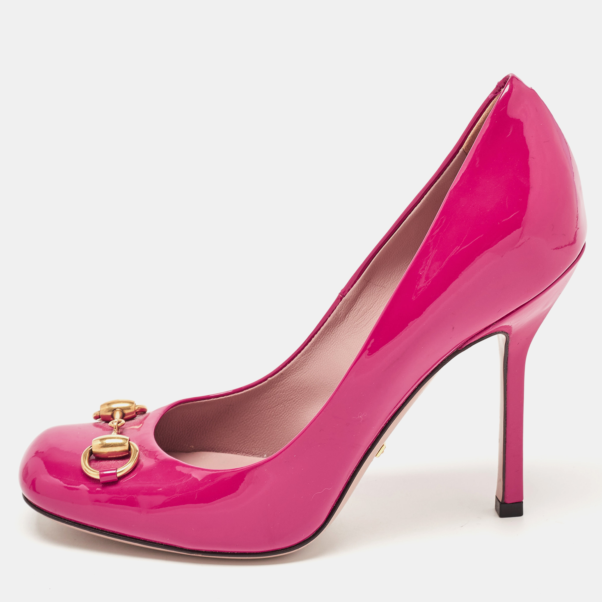 

Gucci Fuchsia Patent Leather Horsebit Square Toe Pumps Size, Pink