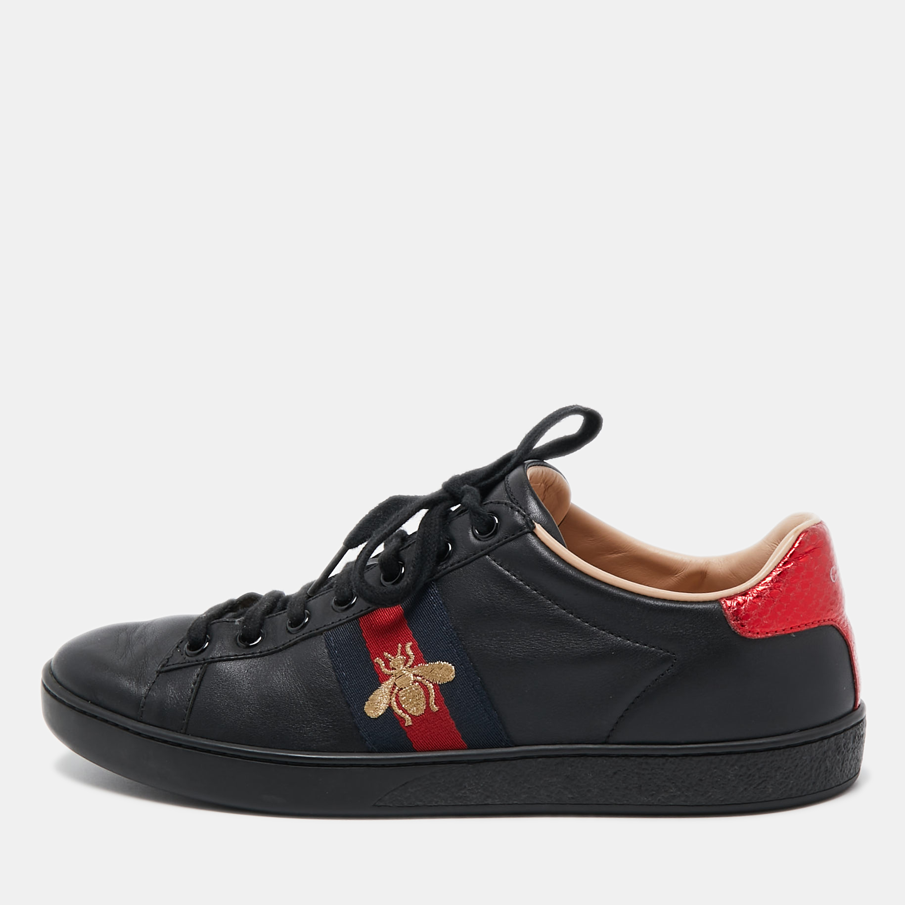 

Gucci Black Leather Ace Web Low Top Sneakers Size