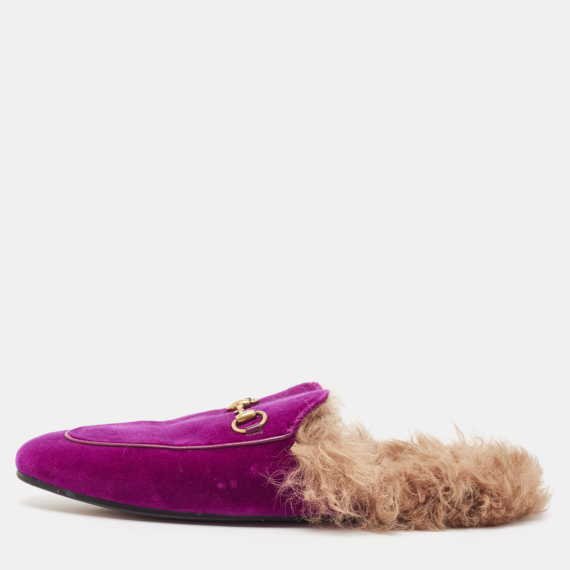 Pre-owned Gucci Purple/beige Velvet And Fur Princetown Flat Mules Size 40