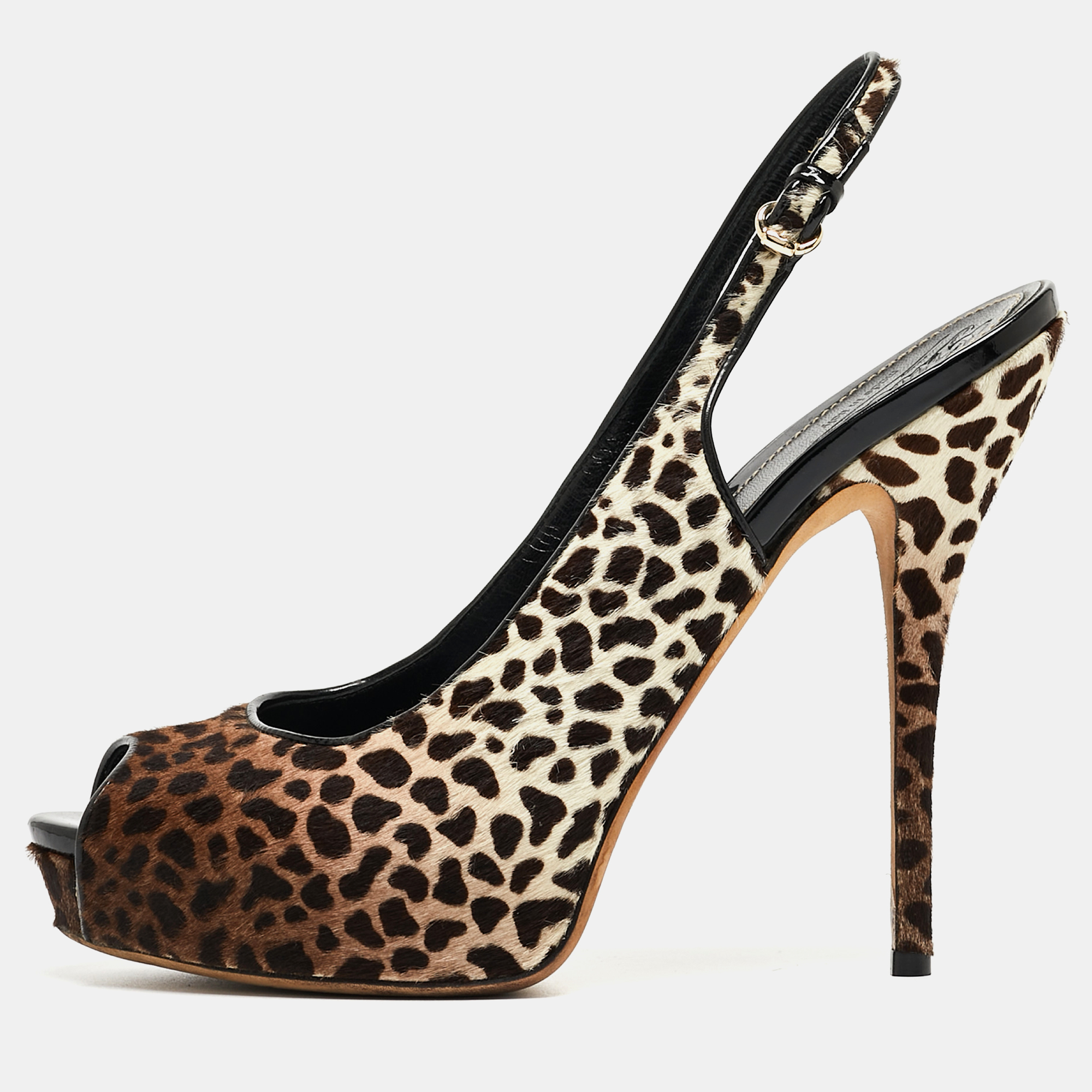 

Gucci Brown/White Leopard Print Calf Hair Sofia Platform Slingback Pumps Size