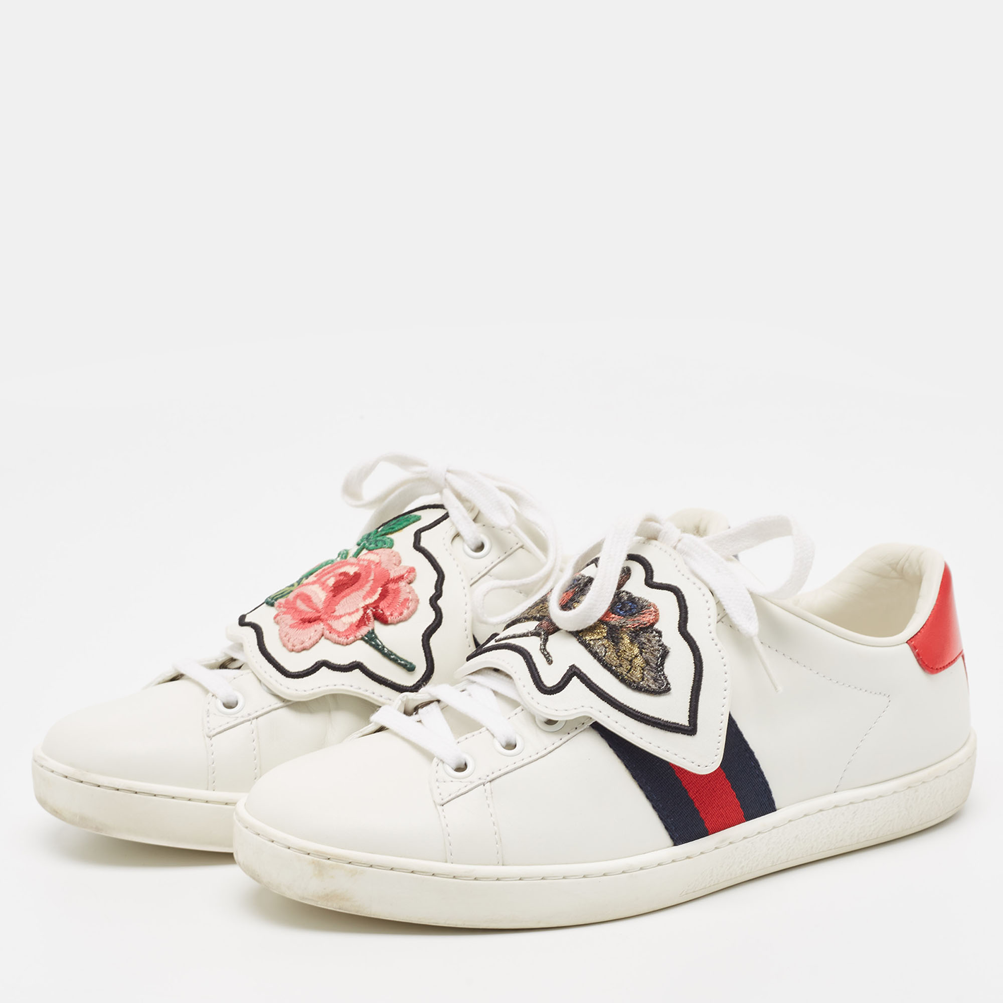 

Gucci White Leather Ace Web Removable Patch Low Top Sneakers Size