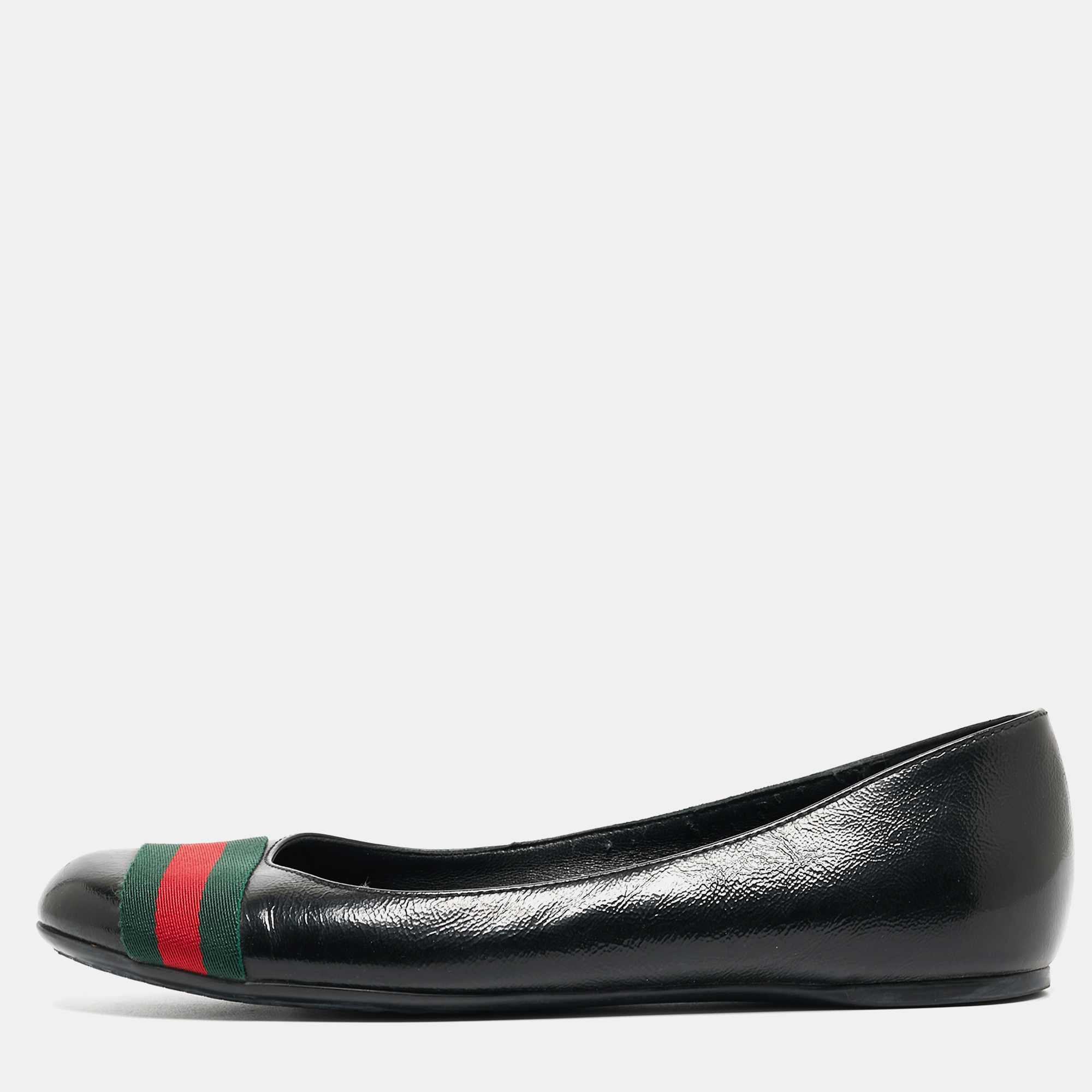 Pre-owned Gucci Black Leather Web Ballet Flats Size 37