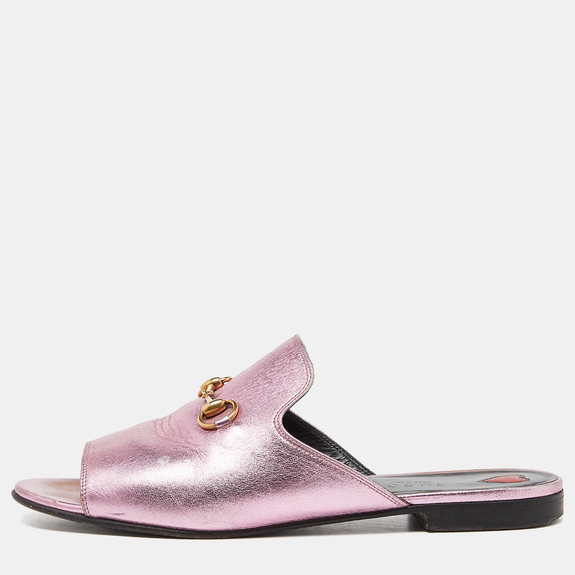 Pre-owned Gucci Pink Leather Horsebit Open Toe Flat Slides Size 38