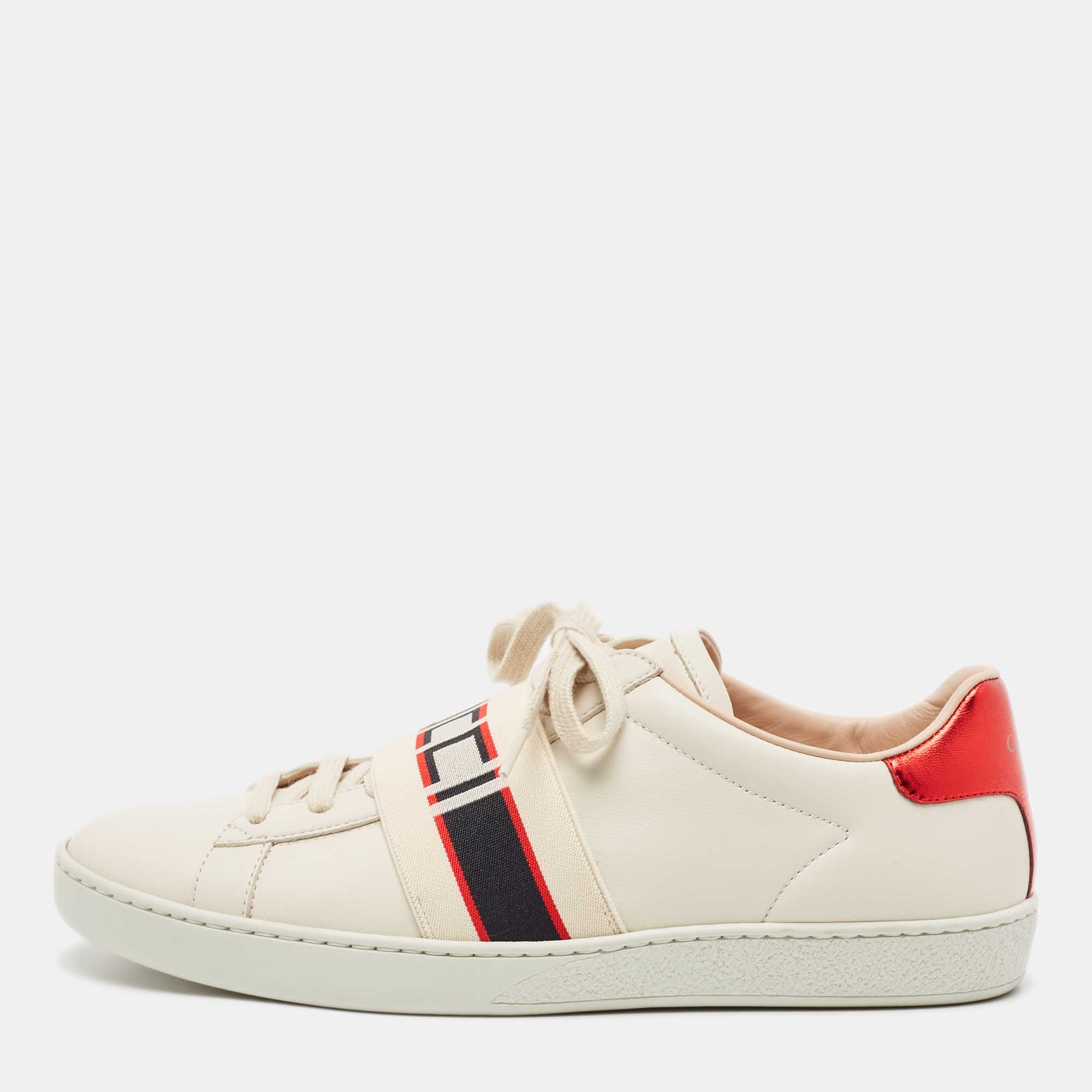 Pre-owned Gucci Cream Leather Logo Elastic Band Ace Trainers Size 39