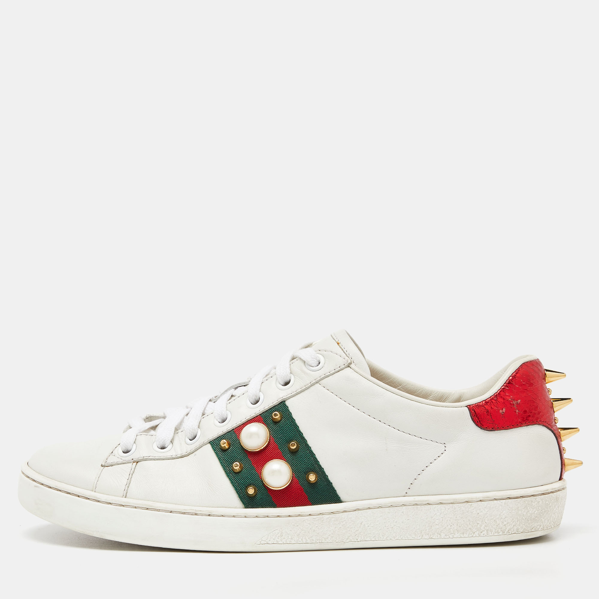 Pre-owned Gucci White Leather Faux Pearl And Spike Embellished Ace Sneakers Size 38