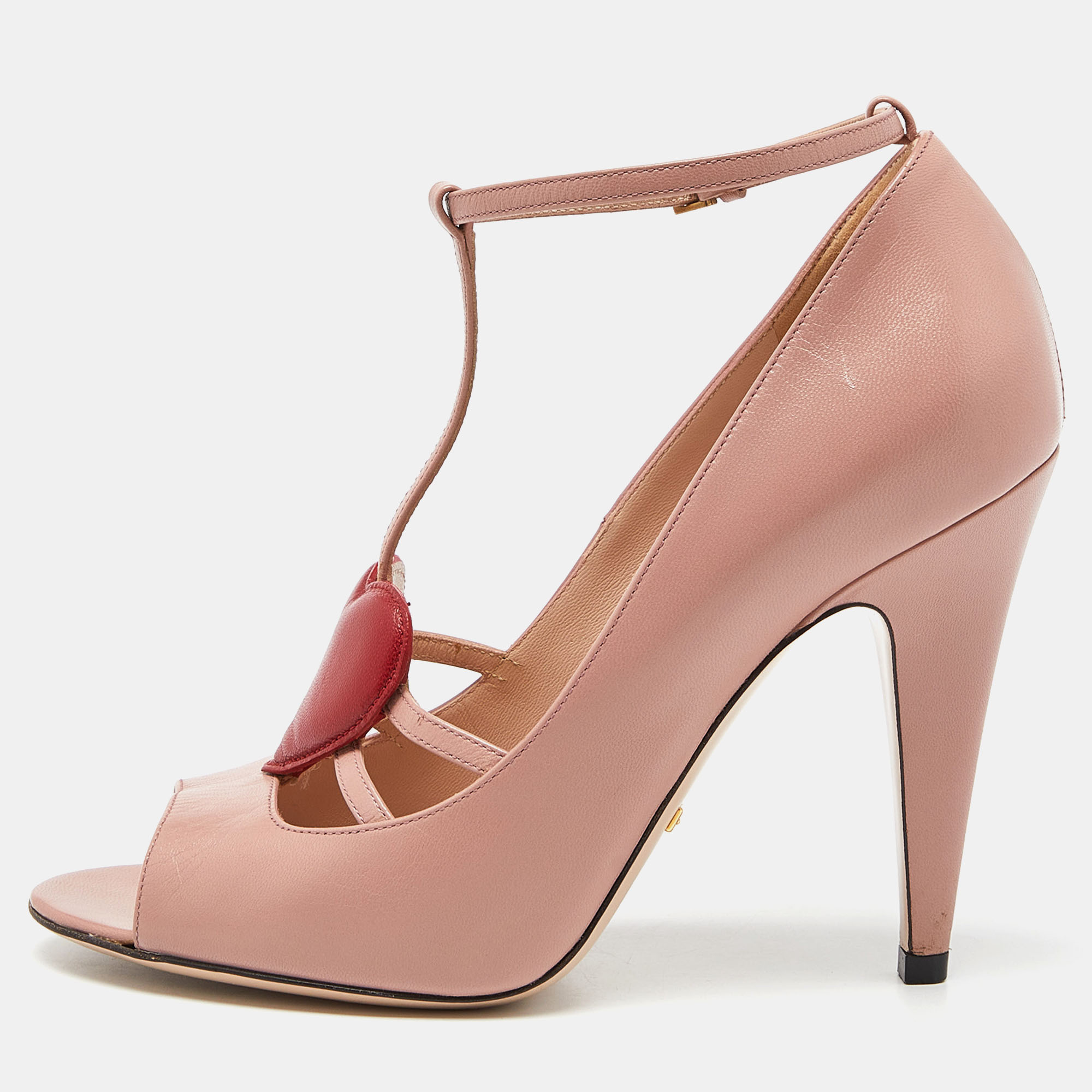 

Gucci Pink Leather Molina Crystal Heart T-Strap Pumps Size