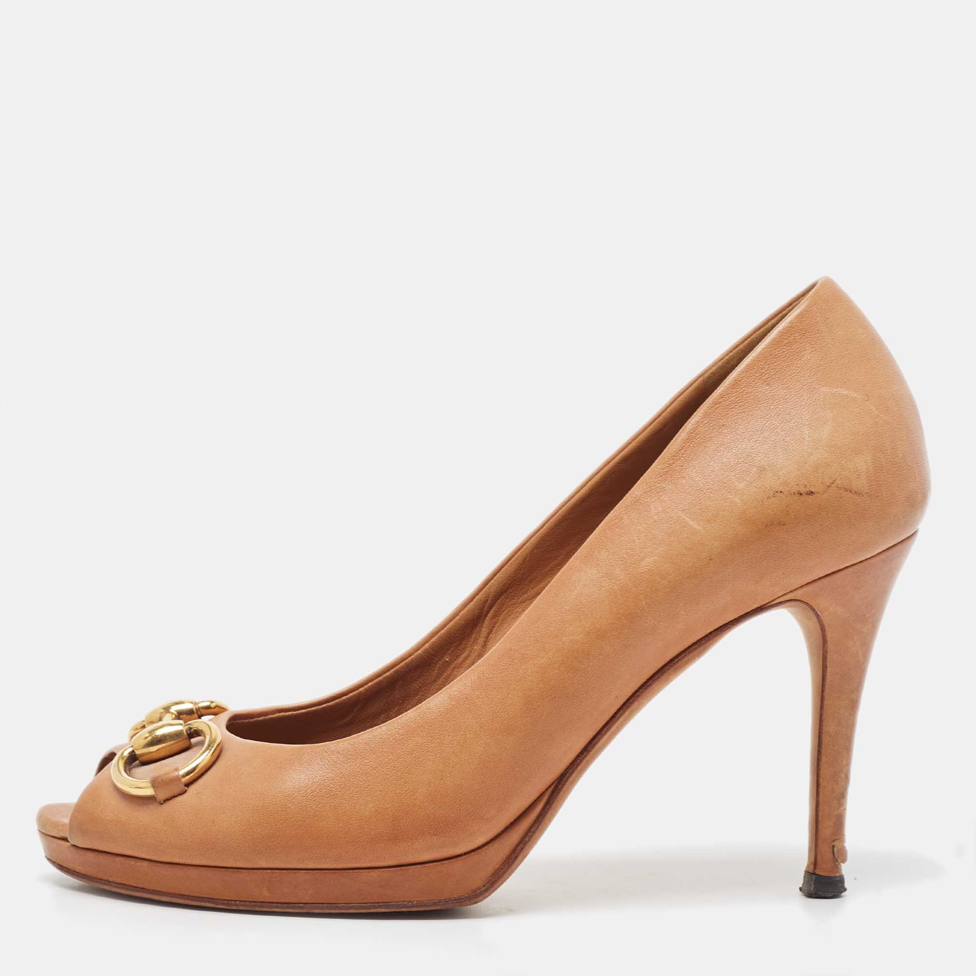 Pre-owned Gucci Brown Leather Jolene Open Toe Pumps Size 38