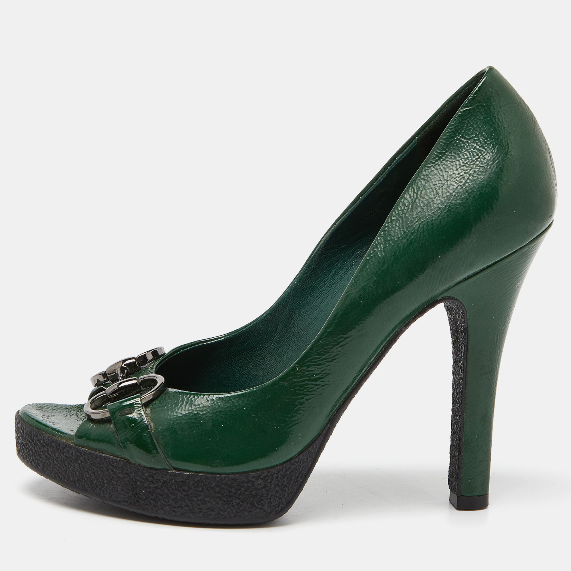 Pre-owned Gucci Green Patent Leather Horsebit Peep Toe Pumps Size 36