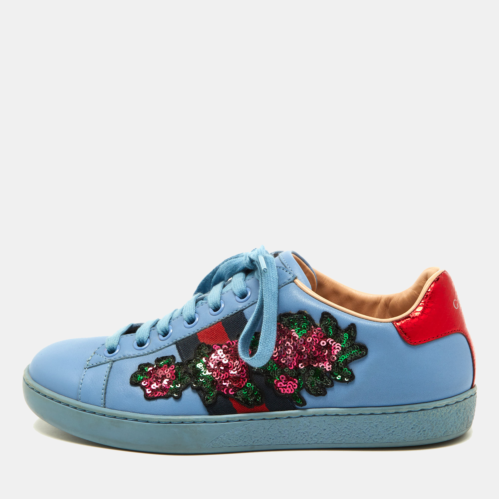 Pre-owned Gucci Blue Leather Flower Sequins Embellished Ace Low Top Sneakers Size 36