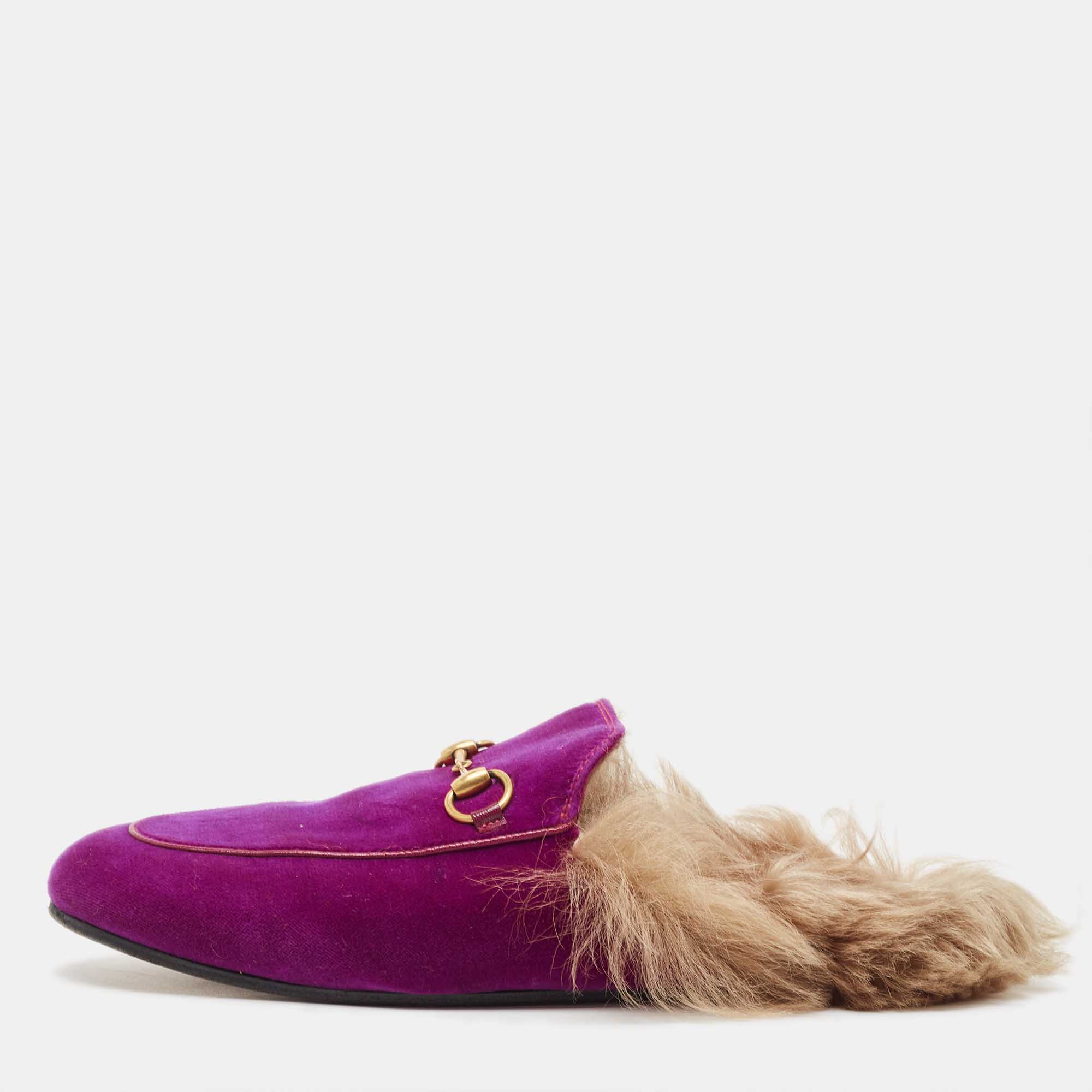 Pre-owned Gucci Purple Velvet And Fur Princetown Mules Size 39